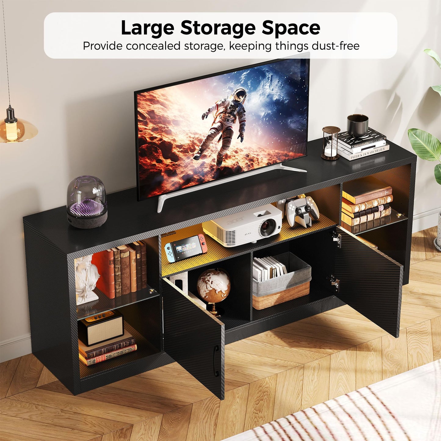 IRONCK TV Stand for TVs 80 inch with Power Outlet and LED Lights, Carbon Fiber Entertainment Center with Storage Cabinets, Adjustable Glass Shelves, Modern TV Stands for Living Room, Black