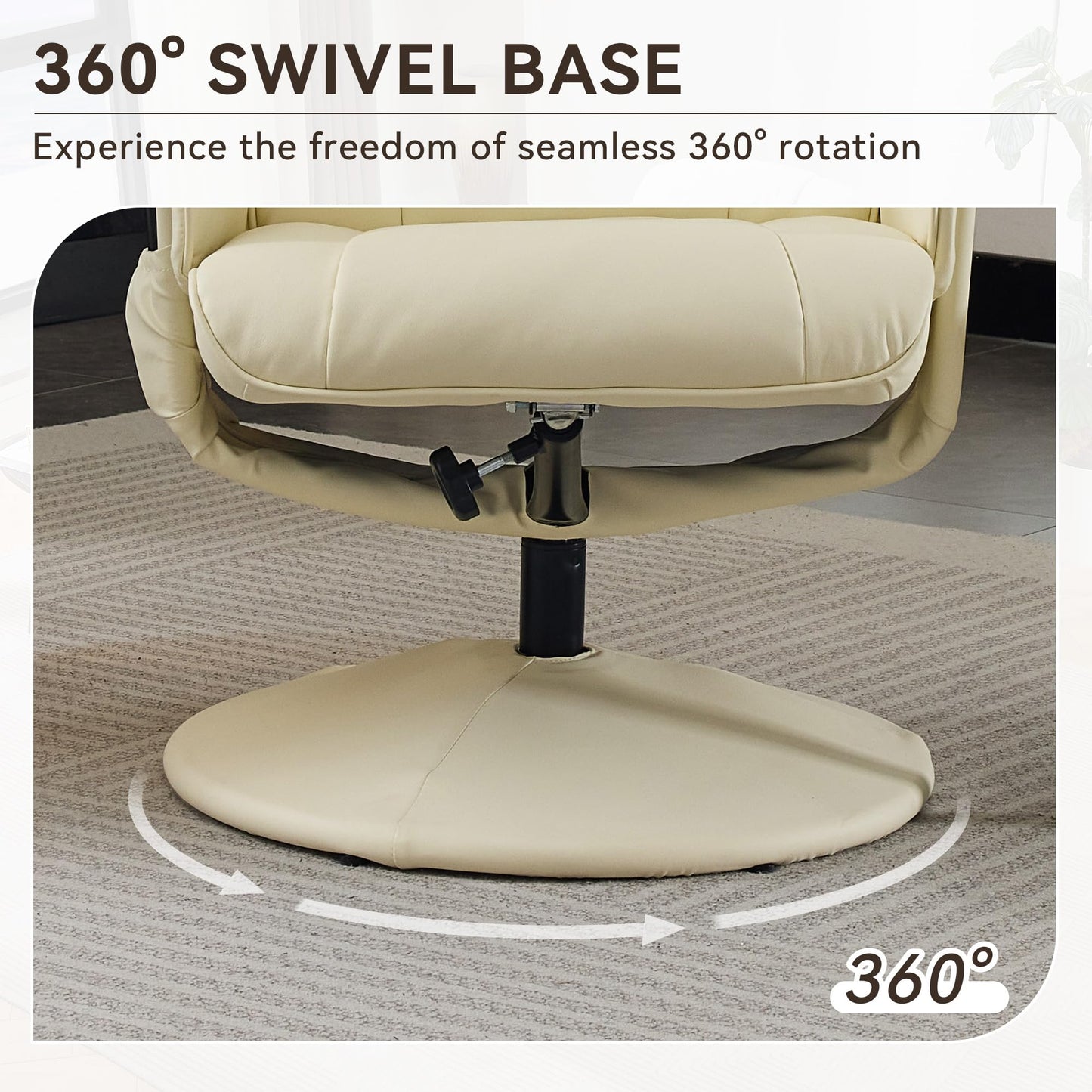KEIKI Swivel Reclining Chair with Ottoman, High Backrest,5-Point Vibration Massage & Heated Seat,PU Leather Upholstered Armchair Lounge Sliding Chairs Set for Living Room Bedroom Office,Beige
