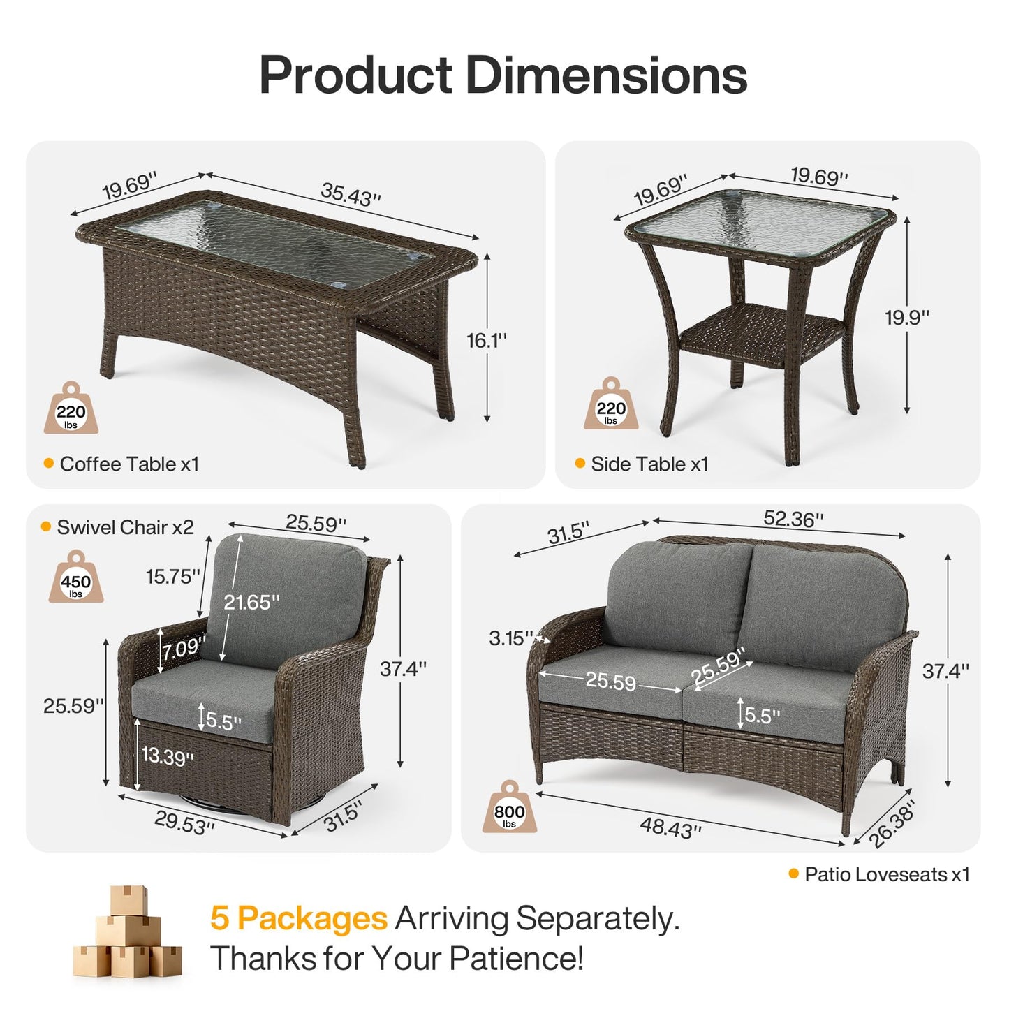 Tribesigns 5-Piece Outdoor Wicker Patio Furniture Set with 2 Swivel Chairs, 1 Loveseat & 2 Tables, Wicker Patio Chair Set with 26.8'' Deep Seat, Luxury Conversation Set for Porch, Yard, Brown/Gray