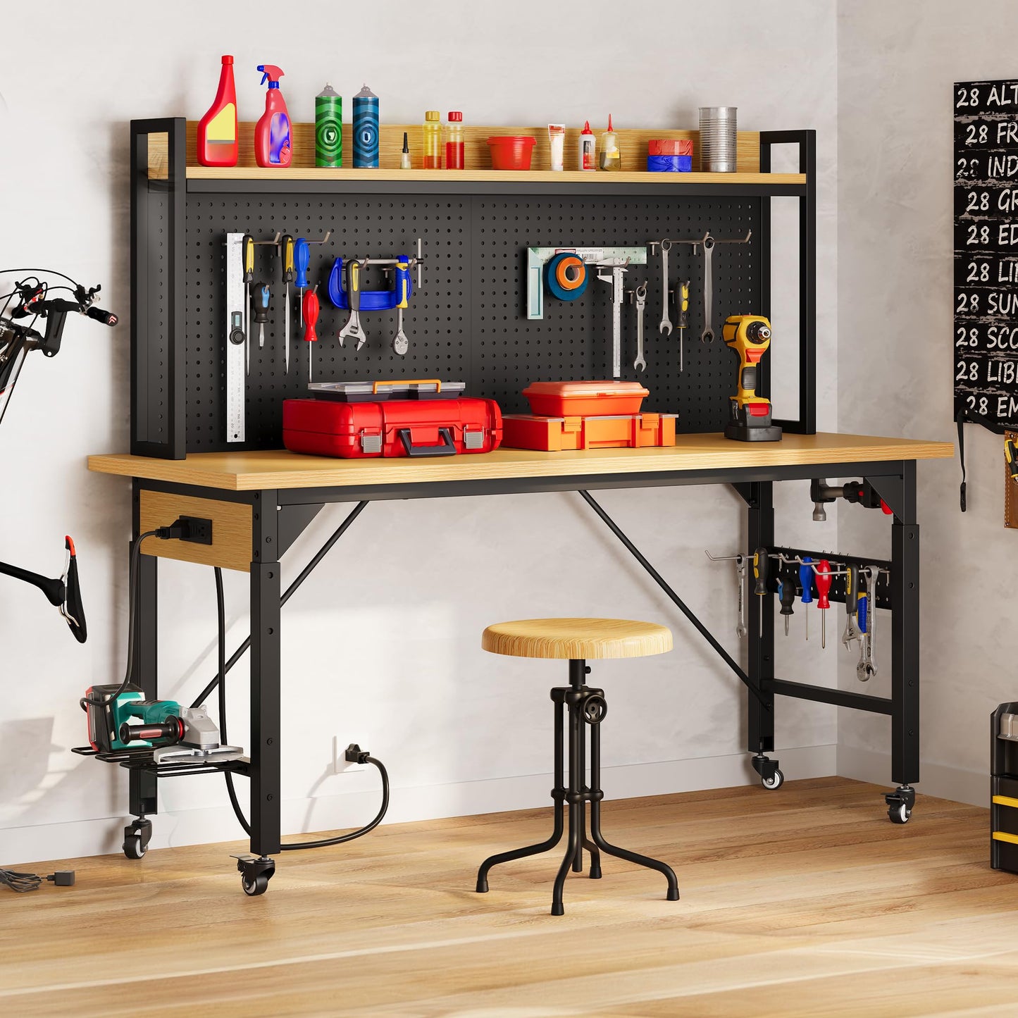 DWVO 60in Heavy Duty Workbench with Pegboard & Wheels Adjustable Work Table