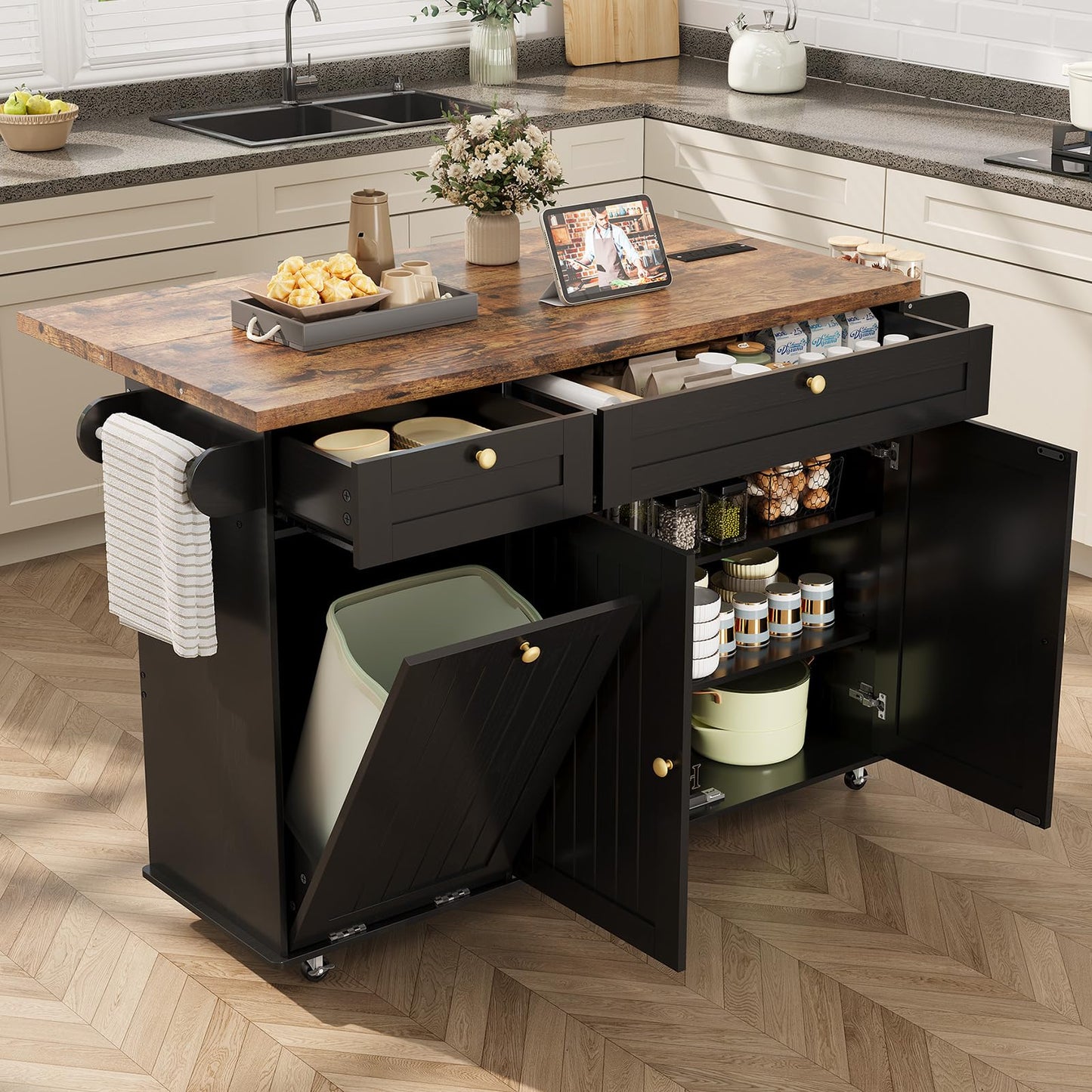 ComfyCorner 60" Rolling Large Kitchen Island on Wheels with Extendable Table, Drop Leaf & Power Outlet, Mobile Kitchen Cart with Storage Cabinet, 2 Drawers, Spice Rack, Towel & Knife Holder, Black