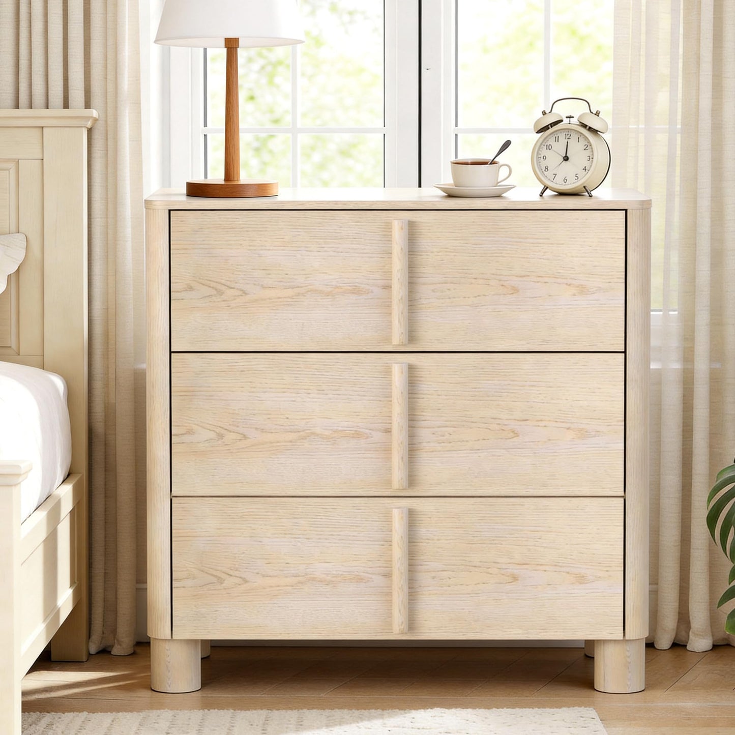 Hotmeily 31.5" Wide 3 Drawer Nightstand, Wood Grain Chest of Drawers, Large Bedside Storage Cabinet with Drawers for Bedroom, Curved Design with Rounded Wood Handles,Natural Wood