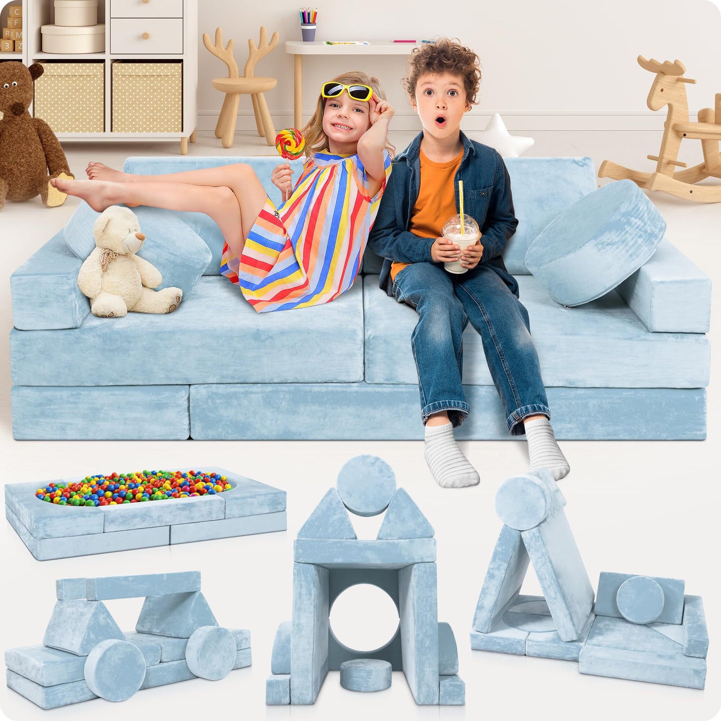 Lunix LX15 14pcs Modular Kids Play Couch, Child Sectional Sofa, Fortplay Bedroom and Playroom Furniture for Toddlers, Convertible Foam and Floor Cushion for Boys and Girls, Serenity Blue