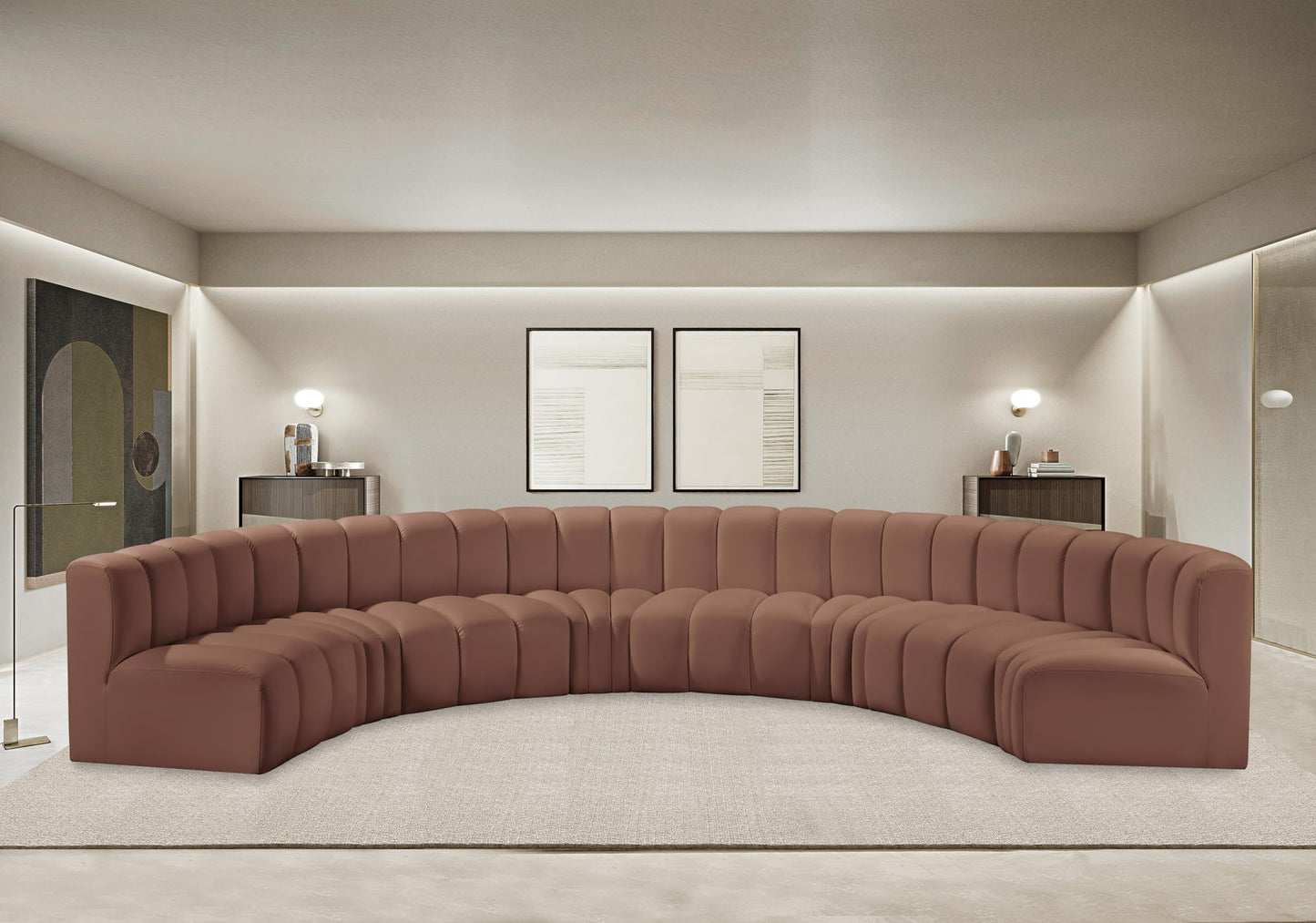 Meridian Furniture 101Cognac-S8B Arc Collection Modern | Contemporary Modular Sofa with Soft Cognac Vegan Leather, Deep Channel Tufting, Modular Design, 162" W x 83" D x 30" H, Cognac