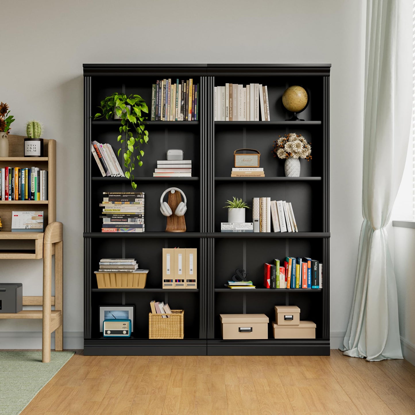 YESHOMY 72" Bookcase and Bookshelf, 5-Tier Wood Bookcases with Shelves, Tall Floor Standing Book Shelf Storage Cabinet Home Decor Furniture for Living Room, Home Office, Black, 2 PCS