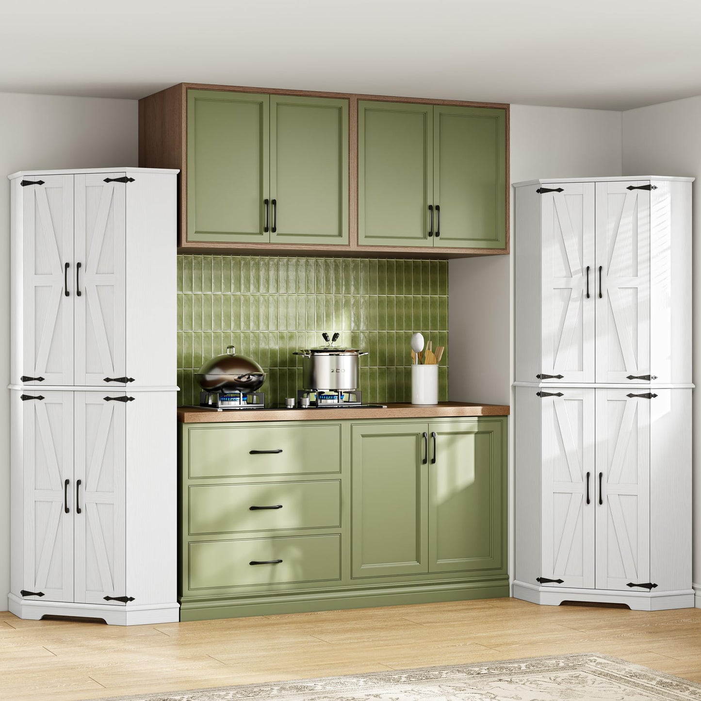 IRONCK Corner Cabinet, 72" Kitchen Pantry Cabinet, 6-Tier Freestanding Farmhouse Pantry with 2 Adjustable Shelves, 240°Swivel Doors, 2 Doors Storage, Spacious Hutch for Kitchen, Living Room, White