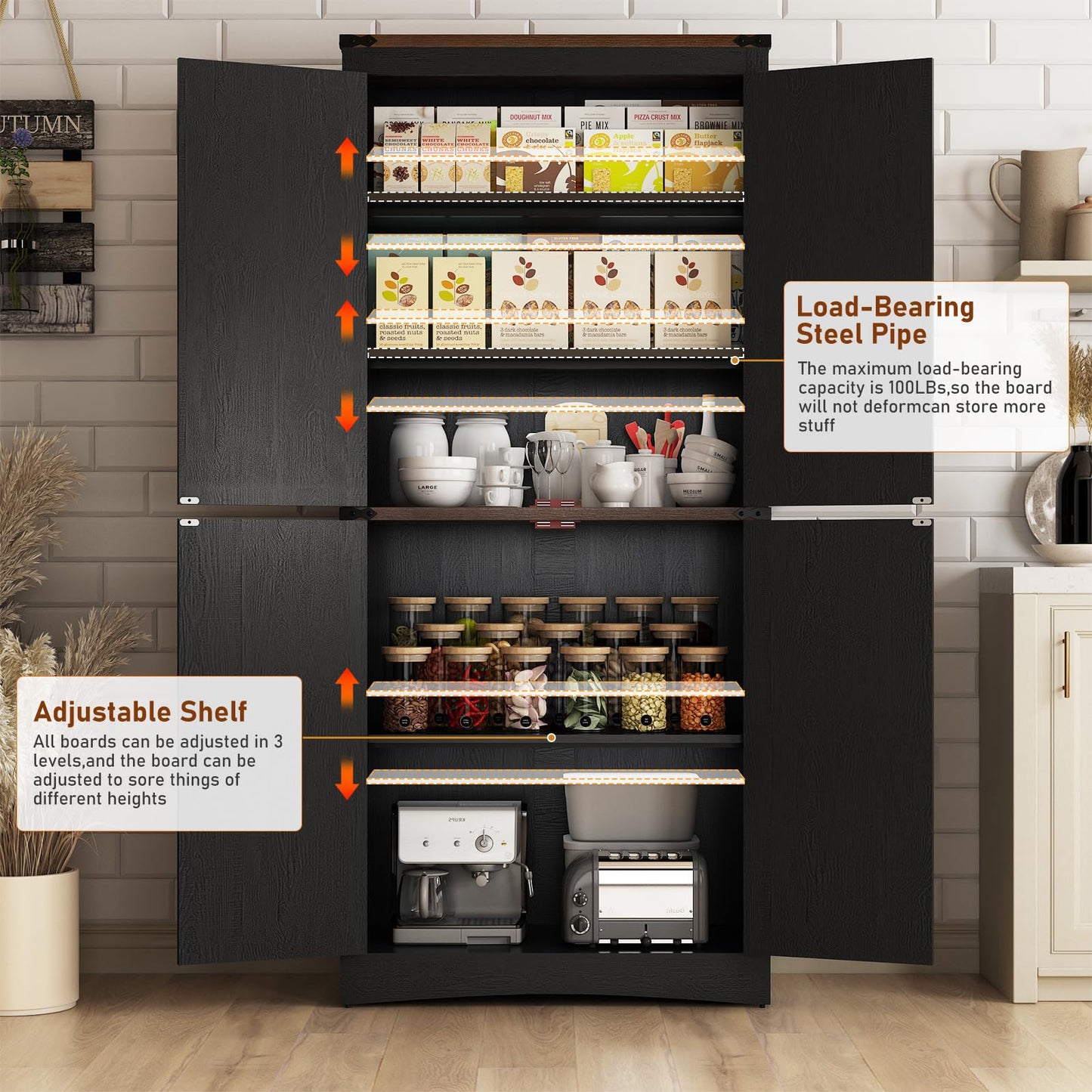 Hlivelood 71" Tall Kitchen Pantry,Farmhouse Storage Cabinet with Adjustable Shelves,Load-Bearing Steel Pipe,Farmhouse Pantry Cabinet with 4 Barn Doors,for Kitchen,Dining Room,Living Room(Black)