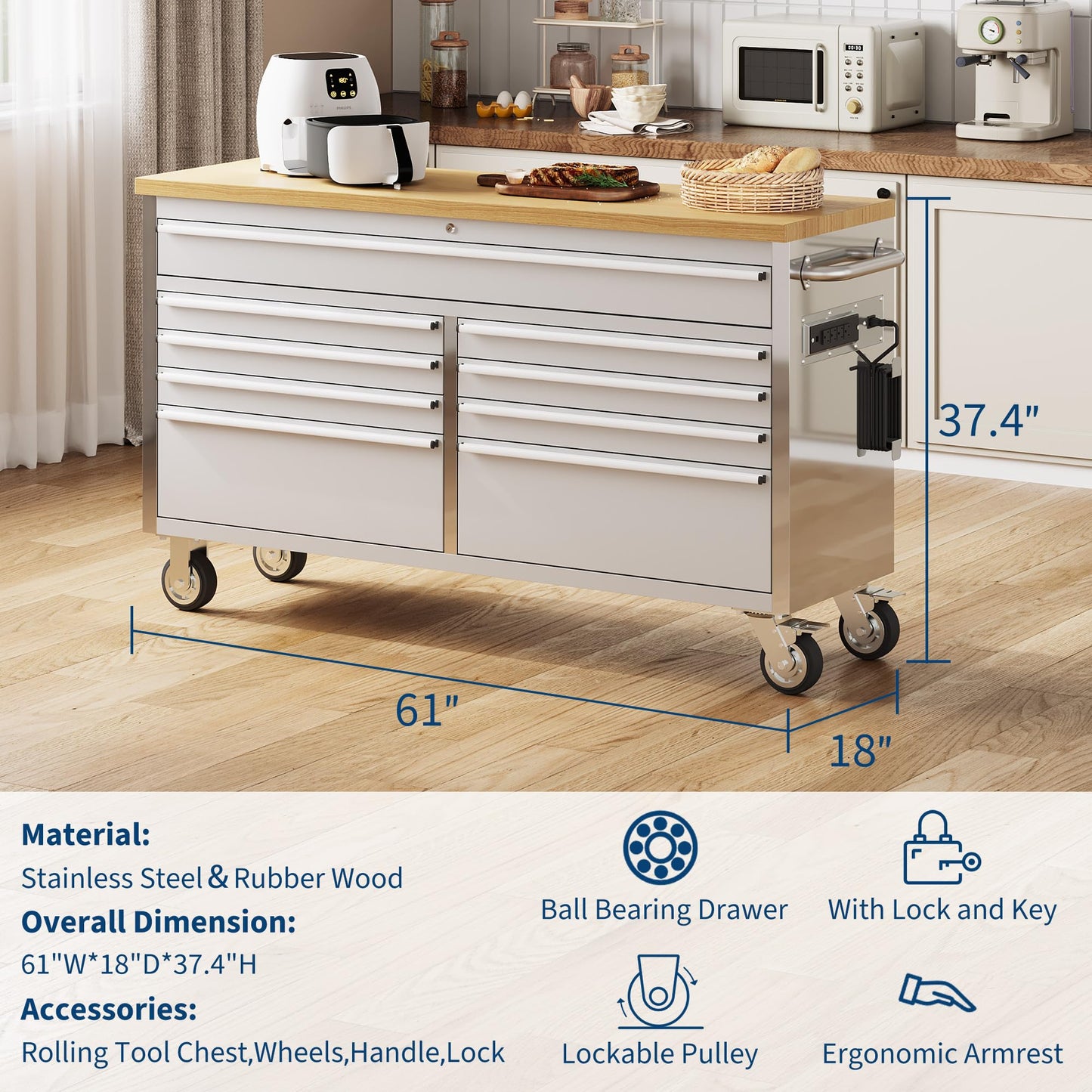 Garvee 61 Inch Rolling Tool Chest Workbench with Solid Wood Top, 9 Drawer Lockable Tool Storage Cabinet on Wheels, Heavy Duty Mobile Tool Box Cart for Garage, Workshop and Repair Shop