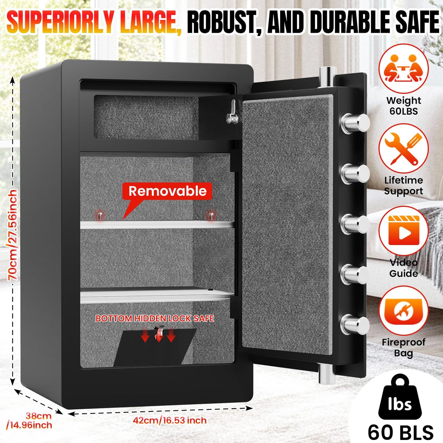 [𝟐𝟎𝟐𝟔] [𝟏𝐇 𝟏𝟕𝟎𝟎°𝐅][6.6 𝐂𝐮 𝐅𝐭] Fire Proof Safe for Home Documents, [60 𝐋𝐛𝐬] Large Heavy Duty Biometric Safe Box with Fingerprint & Keypad, Fireproof Safes with Anti-Theft Alarm