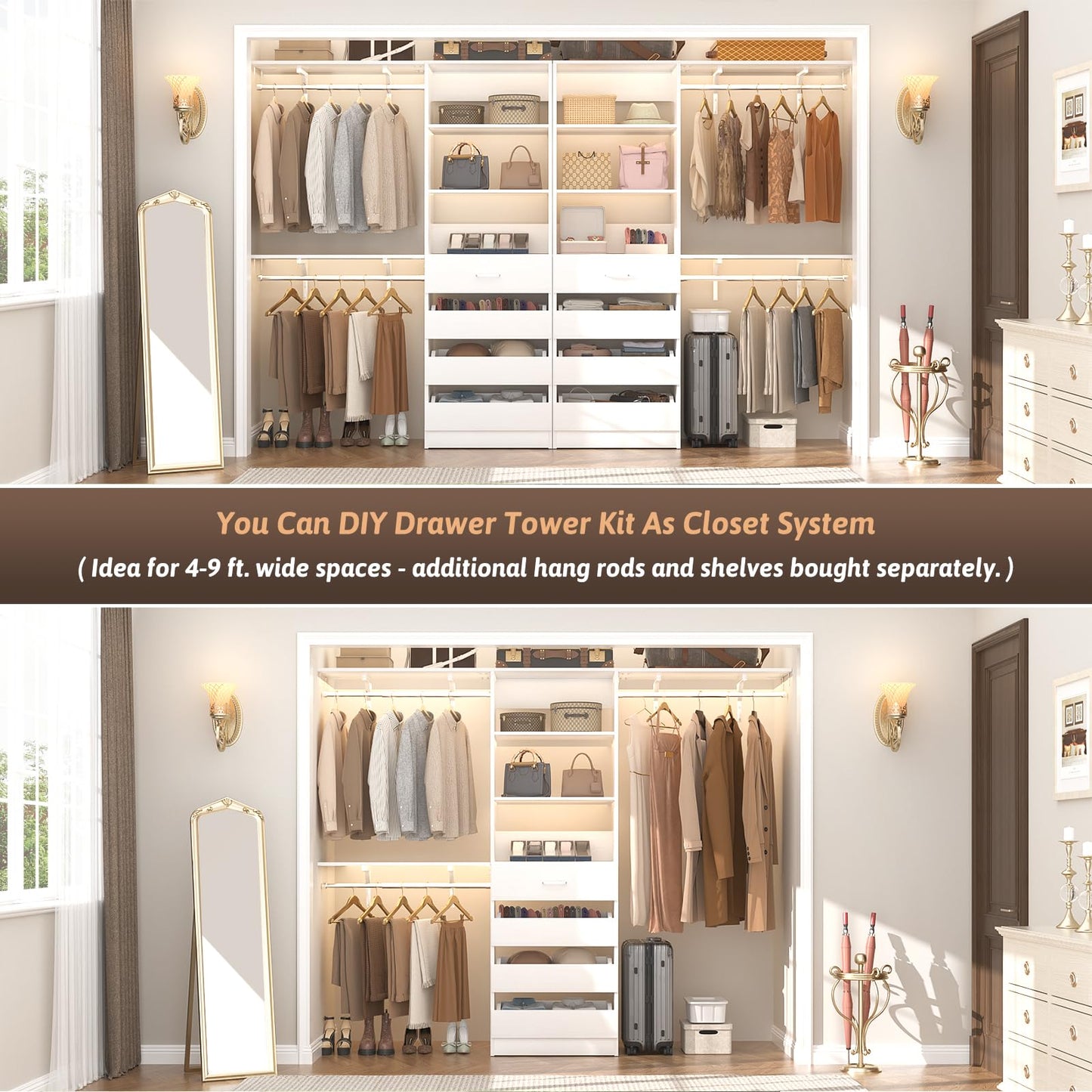 Aheaplus 21.3" Closet System with 4 Drawers, Wood Closet Organizer with Open Shelves, Modular Drawers System Tower, Walk-in Closets Small Wardrobe Rack, Tall Storage Cabinet Unit, White