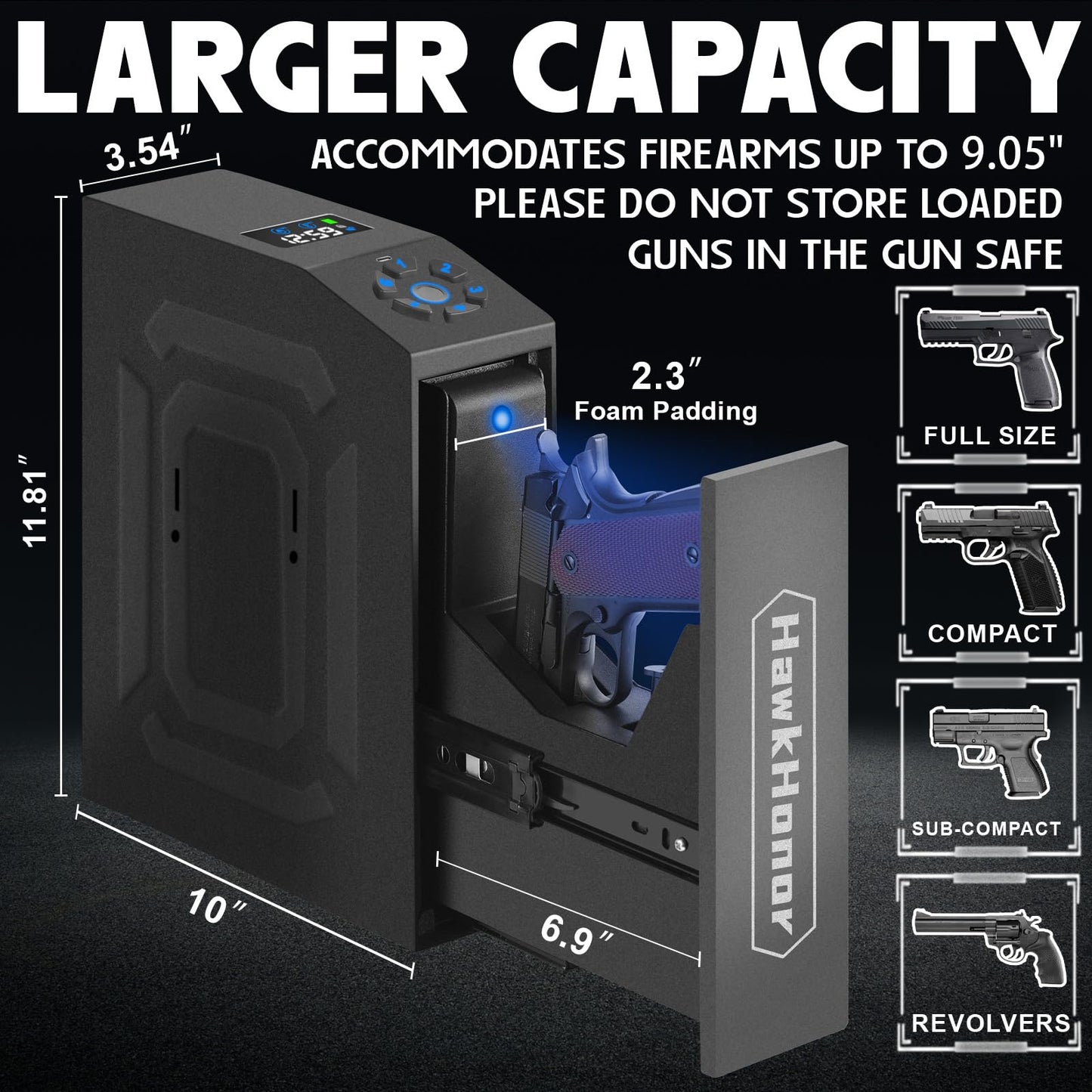 HAWKHONOR Smart Gun Safe for Handgun, Gun Case, Biometric Slider HandgunSafe for Nightstand, Bedside, Pistol Safe For Desk, Car, Truck - with Fingerprint, PIN Code, Key Access