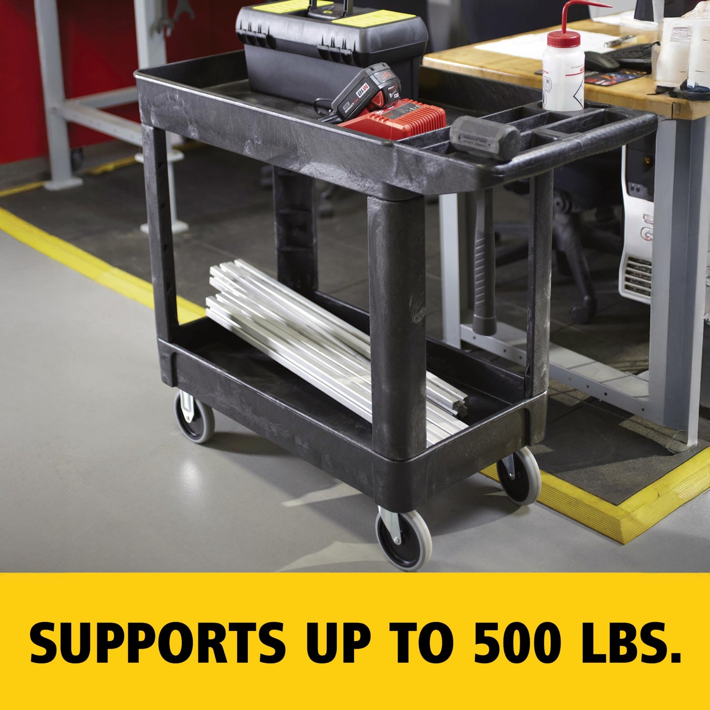 Rubbermaid Commercial Products 2-Shelf Utility/Service Cart, Small, Lipped Shelves, Storage Handle, 500 lbs. Capacity, for Warehouse/Garage/Cleaning/Manufacturing