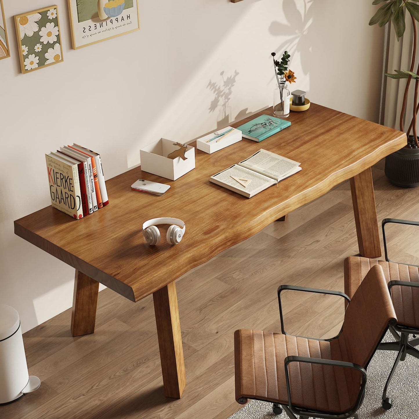 SXXjiaju Solid Wood Desk 55 inches, Live Edge Wooden Home Office Computer Desk Modern Simple Design for Writing, Study, Dining, Gaming