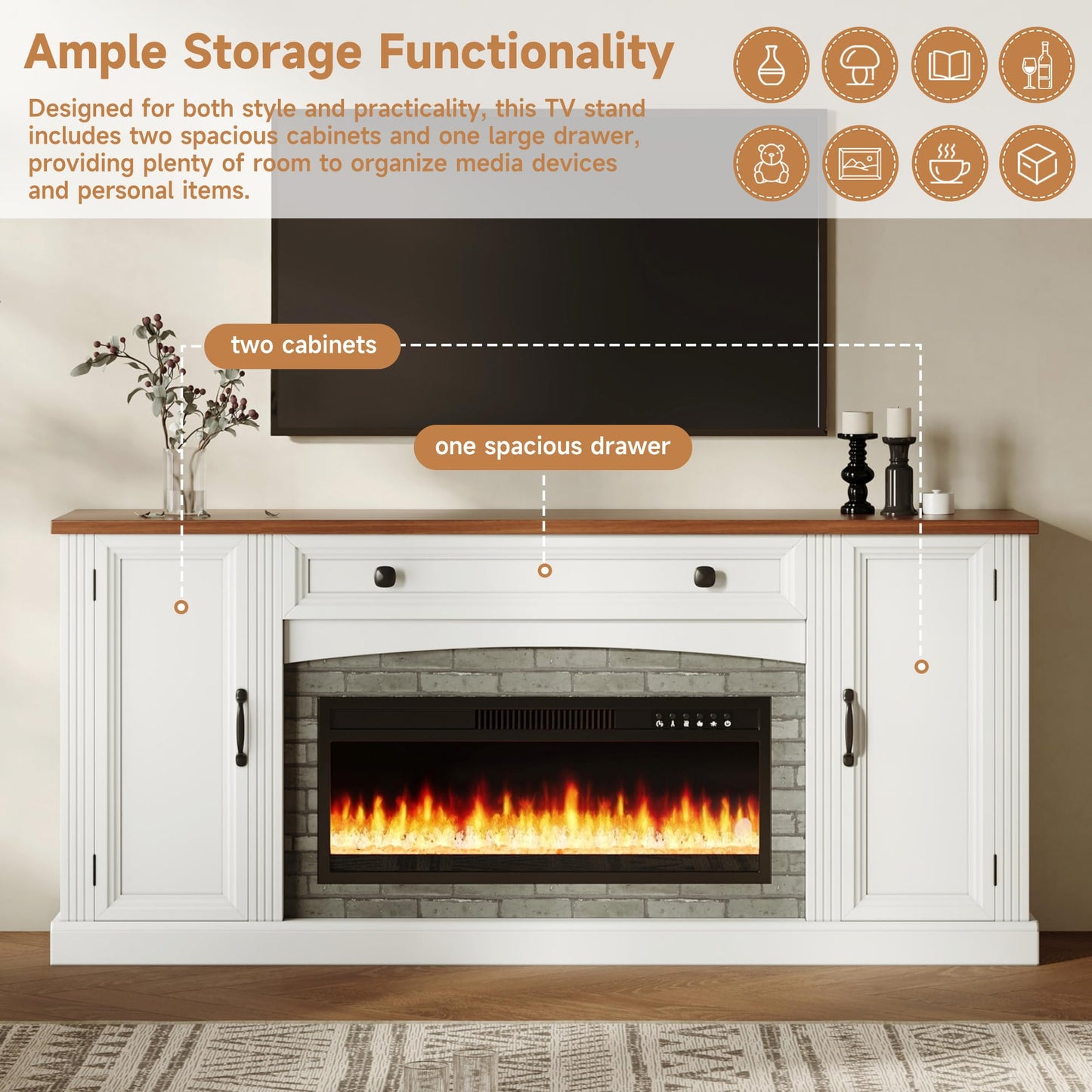 Merax Electric Fireplace TV Stand with Storage, Farmhouse Entertainment Center for Living Room, Heater Unit with Adjustable Shelves & Cable Management, MDF Wood Media Console Table, White