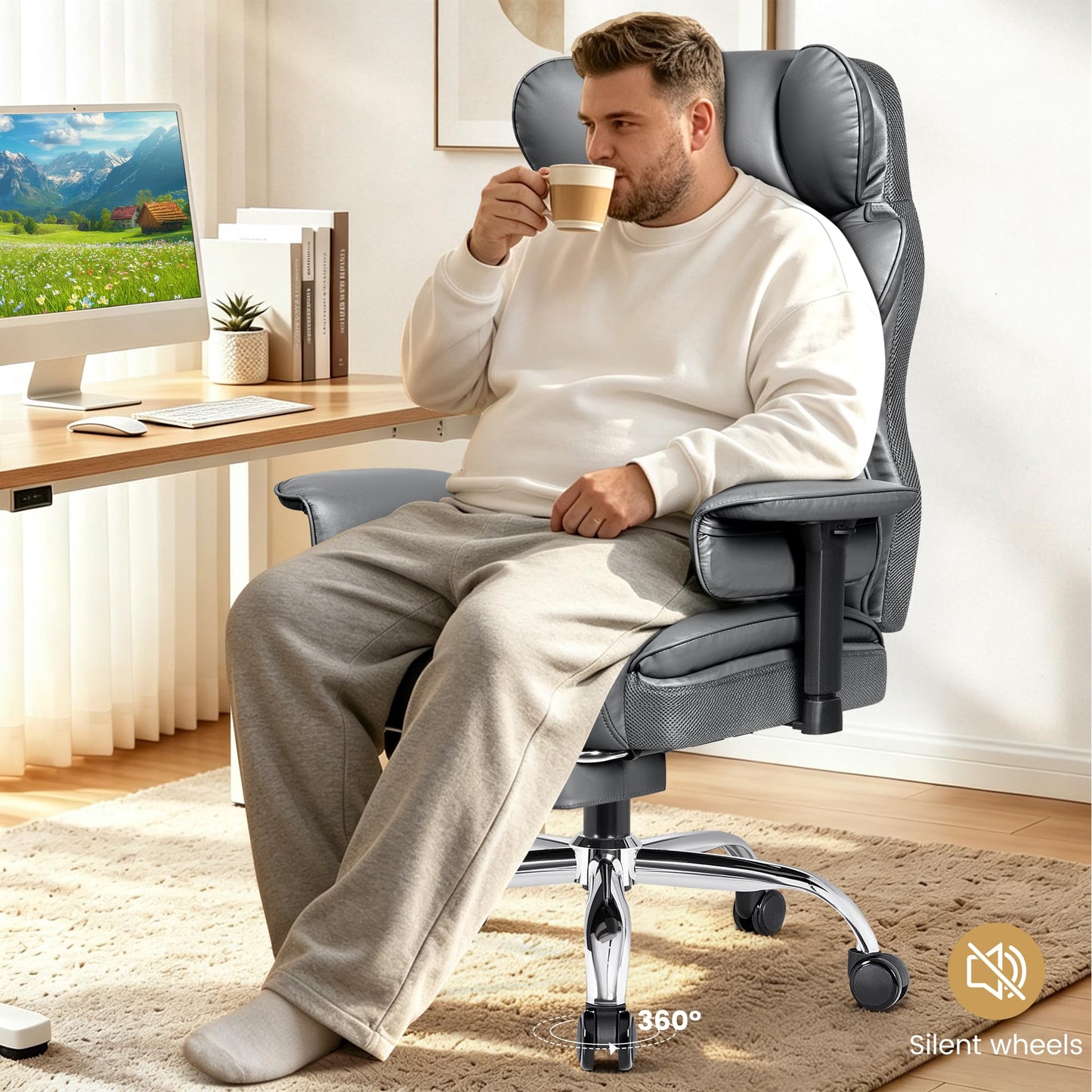 Stella Mia Big and Tall Office Chair, Heavy Duty Ergonomic Executive Computer Chair with Adjustable Arms and Wide Seat, PU Leather High Back for Heavy People, Gray 2 Pack
