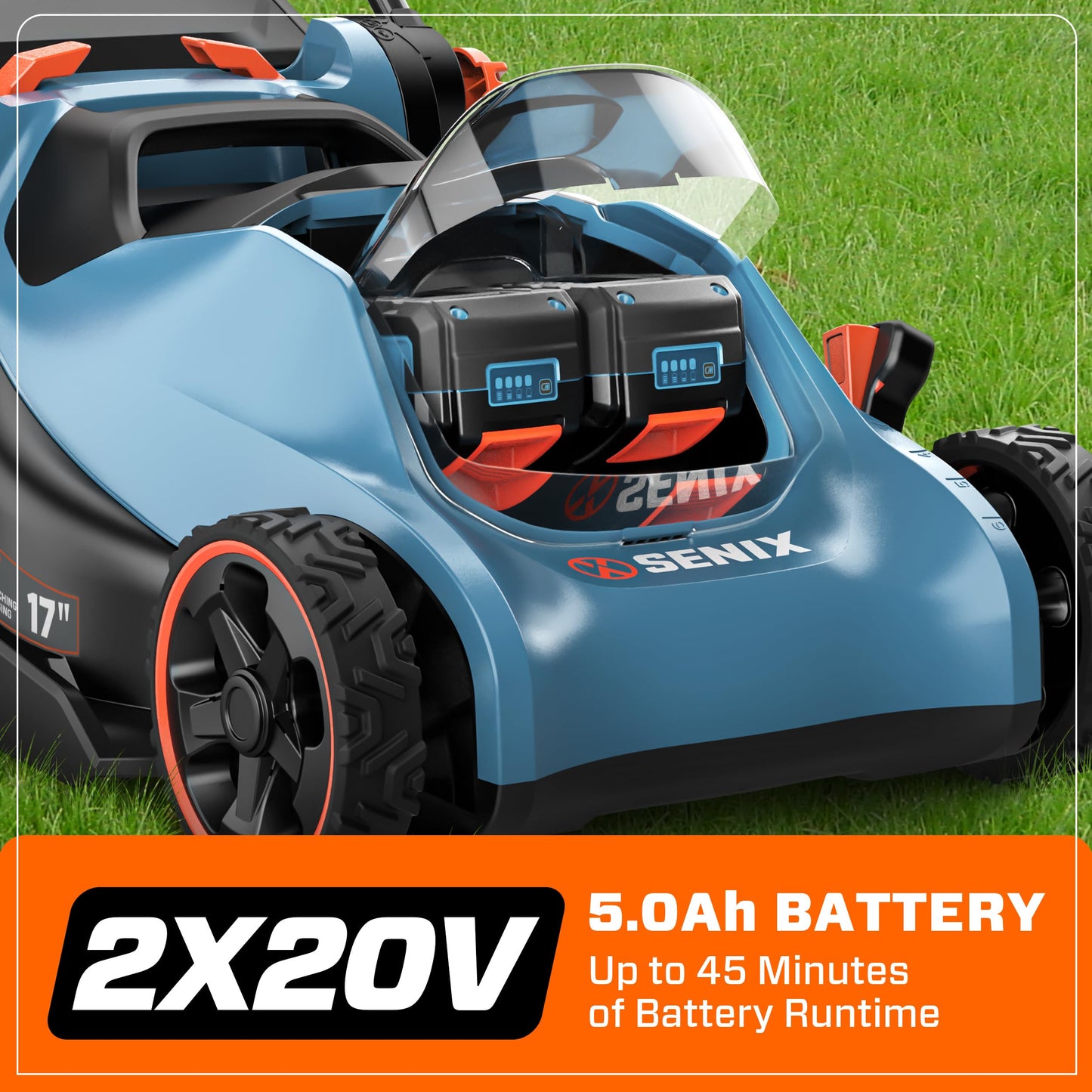 SENIX 40V 17" Electric Lawn Mower, Battery Powered Cordless Lawnmower, 2-in-1 Brushless Walk-Behind Push Mowers, 6 Heights Adjustment, cortadora de pasto, Includes 2x5Ah Batteries & Charger, LPPX2-M5