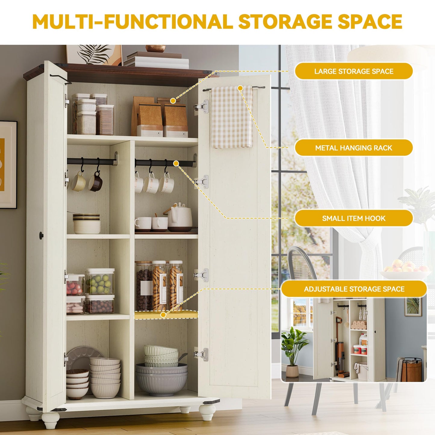 DWVO 4-Tier Storage Cabinet with 2 Shutter Doors, Farmhouse Kitchen Pantry Cabinet with Adjustable Shelves, Wooden Cabinet for Kitchen, Dining Room, Living Room, Office, Rustic White