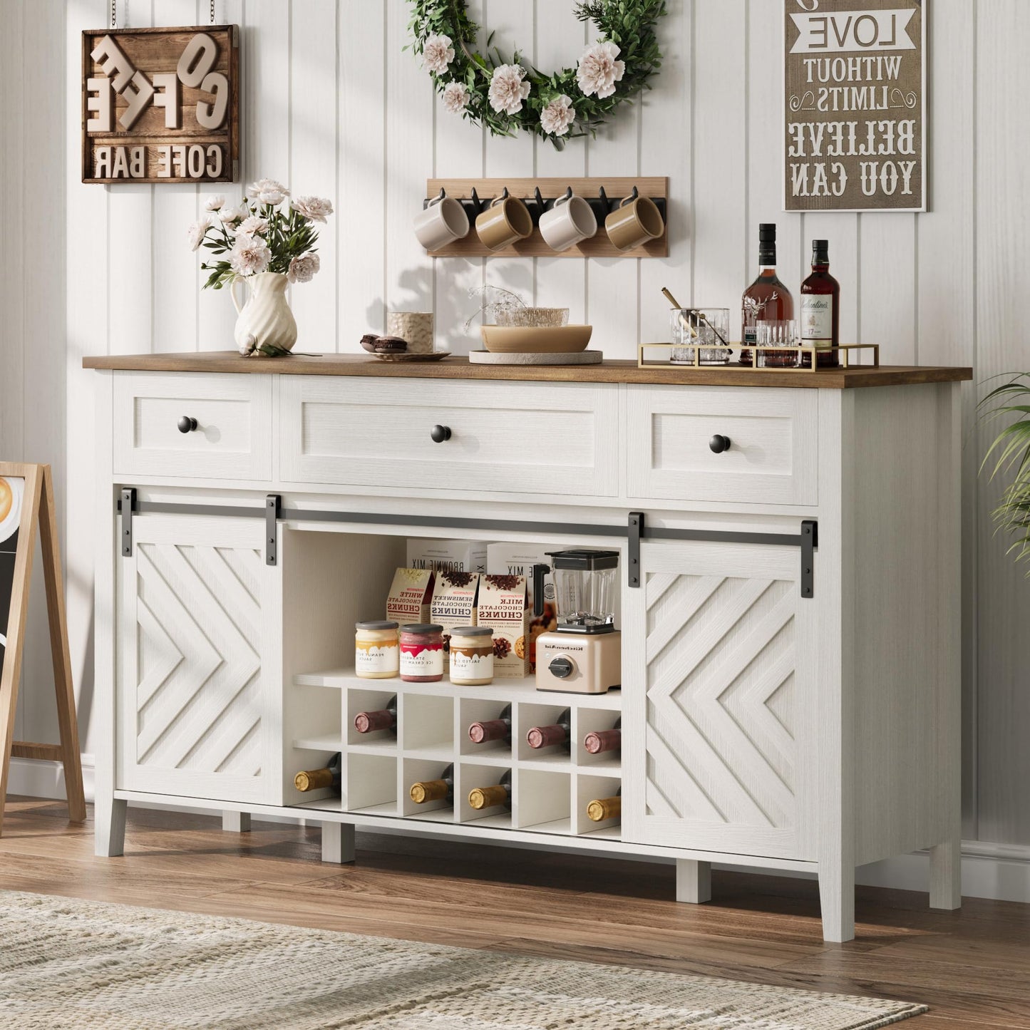 CABIHOME Farmhouse 47.2'' Buffet Cabinet with Sliding Barn Door, 33.4'' Tall Wood Rustic Sideboard with 3 Drawer, Adjustable Shelf and Removable Wine Rack (White, 59'')