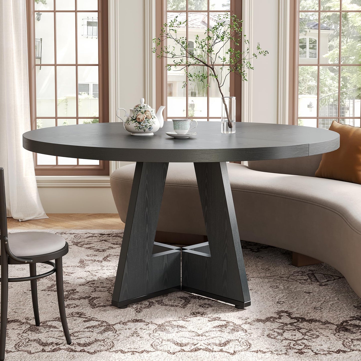 LITTLE TREE Round Dining Table for 4-6 People, 47 Inches Dining Room Table with Wooden Pedestal Base, Black Dinner Tables, Circle Kitchen Tables for Dining Room, Kitchen, Living Room