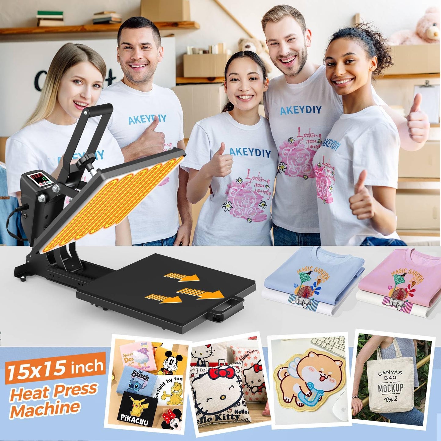 AKEYDIY Heat Press 15x15, Digital Shirt Press Heat Up Fast & Even, Pro Pull Out Heat Press Lower Platen Slide Out Heat Transfer Sublimation Heat Press Machine for Tshirts, Pillow, Pad, Bag, Black