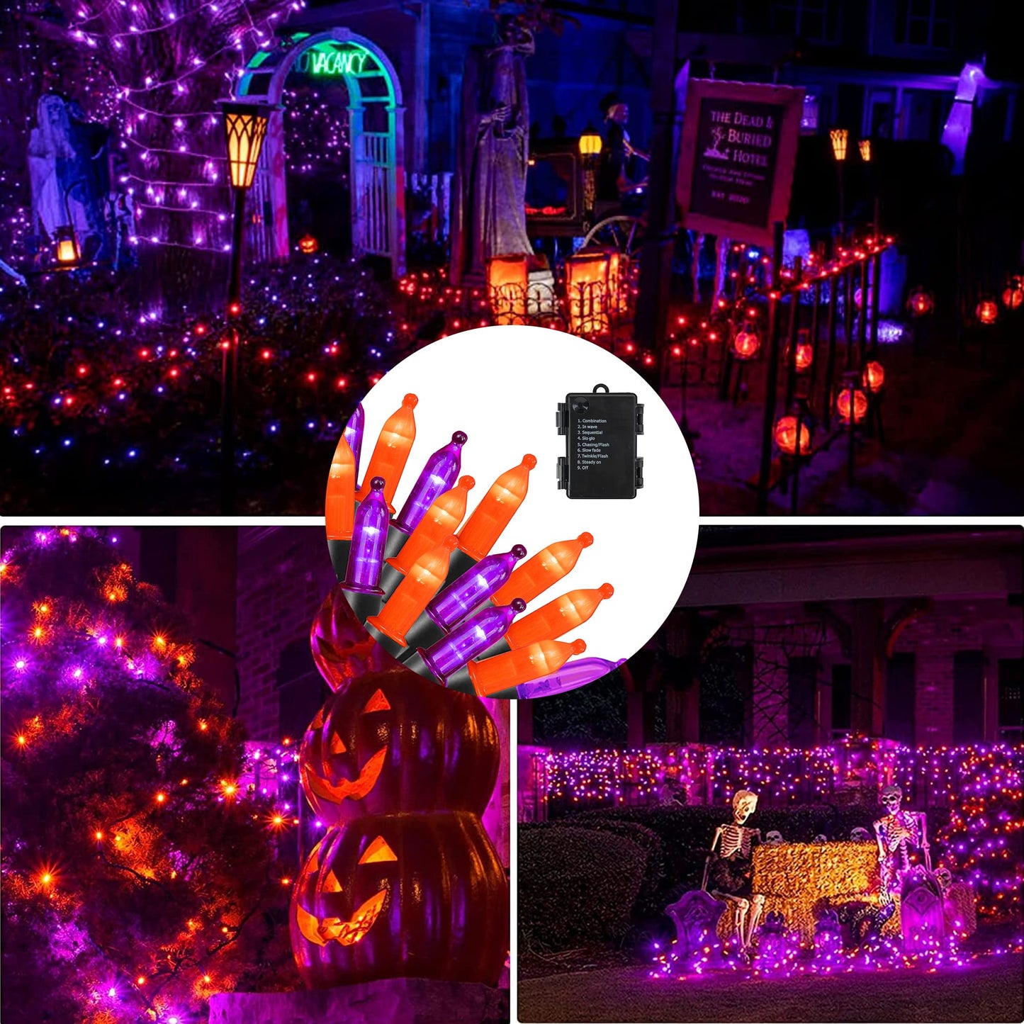 Dazzle Bright 50 LED Mini String Lights, 16FT Waterproof, 2 Pack, Purple and Orange, 8 Modes for Indoor Outdoor Christmas Decorations