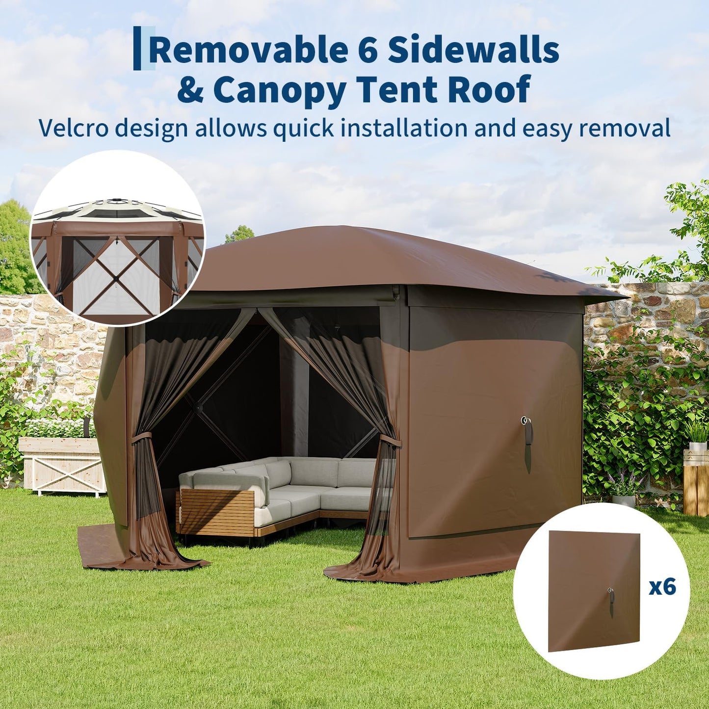 GarveeLife 11.5x11.5FT 6-Sided Pop Up Gazebo Tent，One-Push Setup Canopy Tent with Mesh Panels & Removable Wind Cloths, Outdoor shelter for Camping, Backyard Parties, Outdoor Events - Beige & Khaki