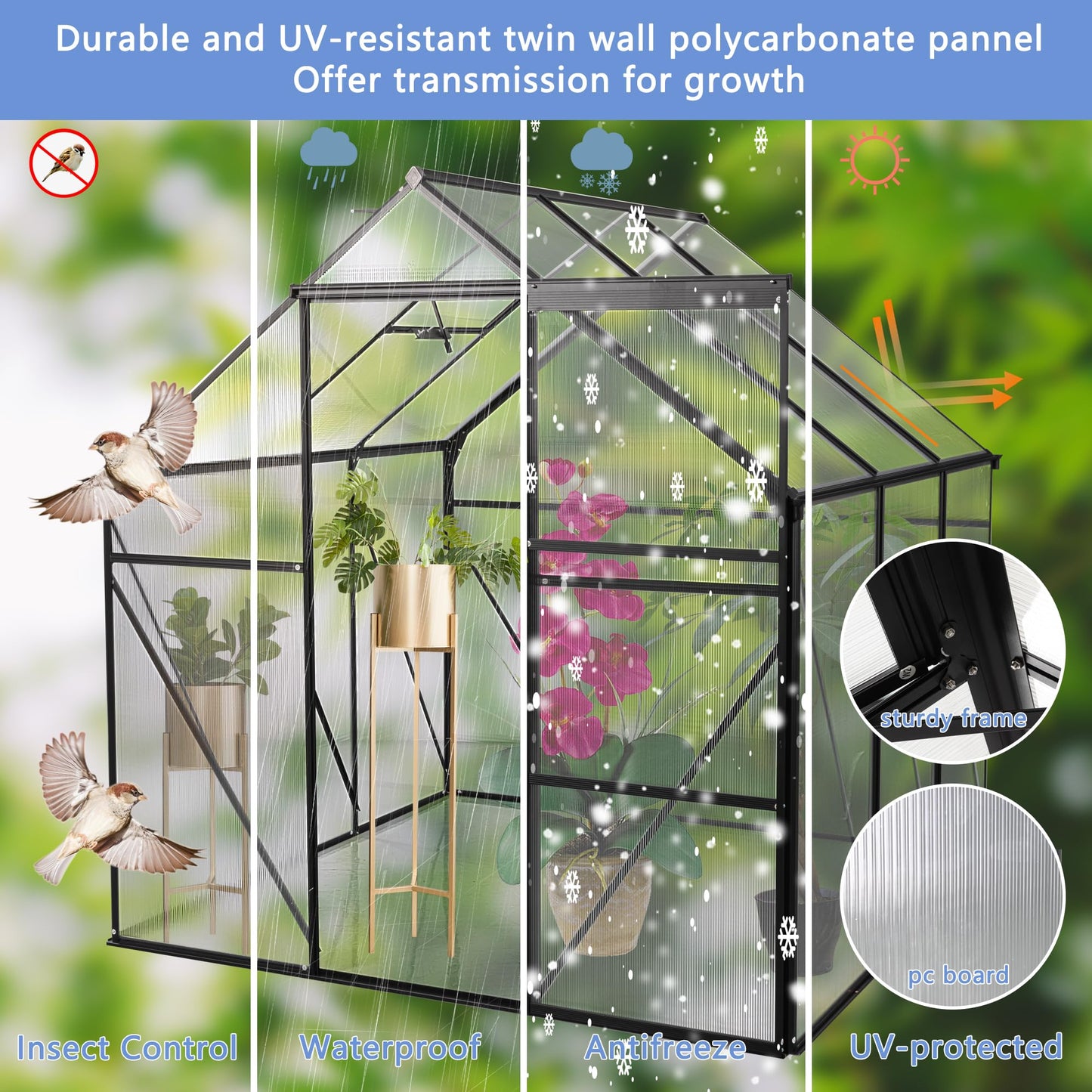 KEIKI 6x6 FT Polycarbonate Greenhouse with Aluminum Frame,Raised Base and Roof Vent,Walk-in Greenhouses for Patio Garden