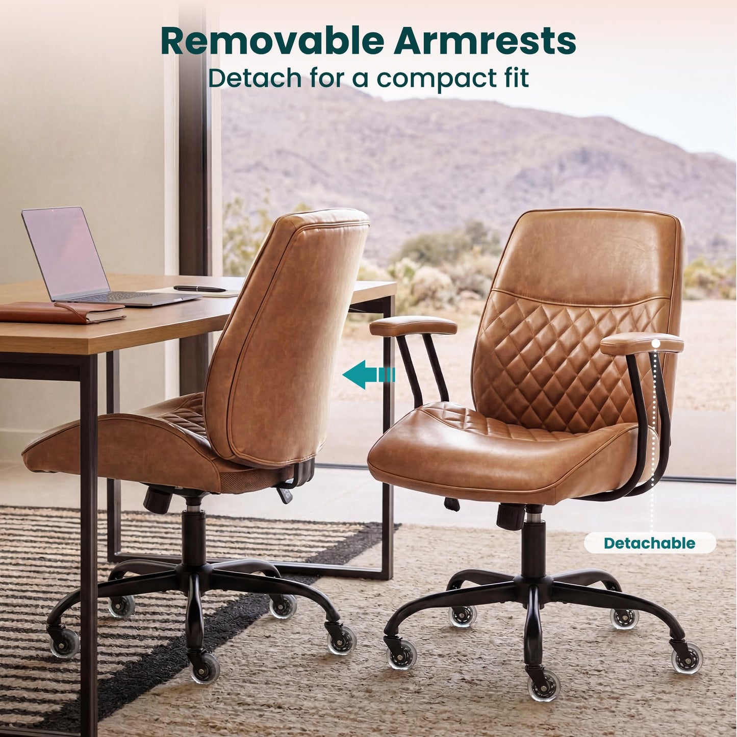 NEO Chair Ergonomic Leather Office Desk Chair with Fixed Armrests Mid Back Lumbar Support Swivel Executive Computer Chair with Wheels Comfy Home Office Chair for Adults (Brown)