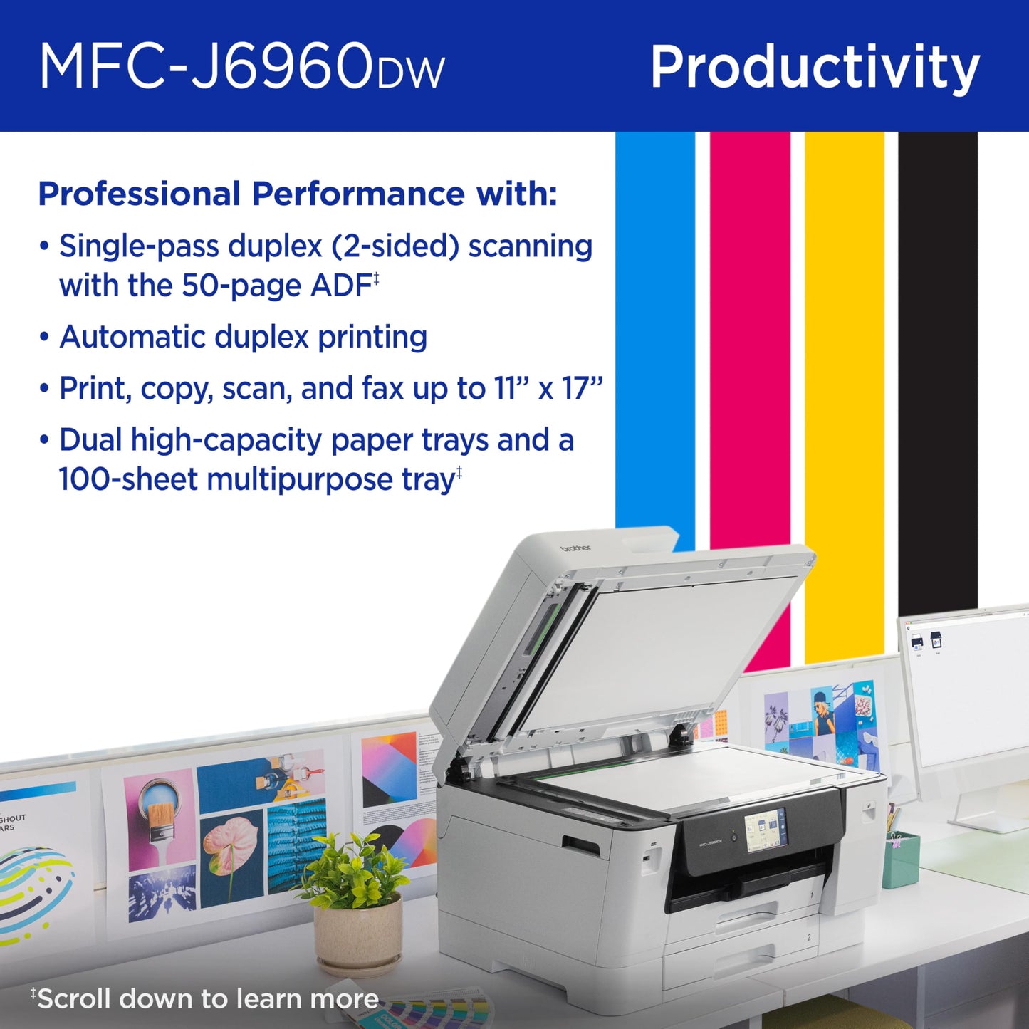 Brother INKvestment 6960 Wireless Color Inkjet All-in-One Printer with 11”x17” Capabilities and 3.5” Color Touchscreen | Includes Refresh Subscription Trial(1) (MFC-J6960DW)