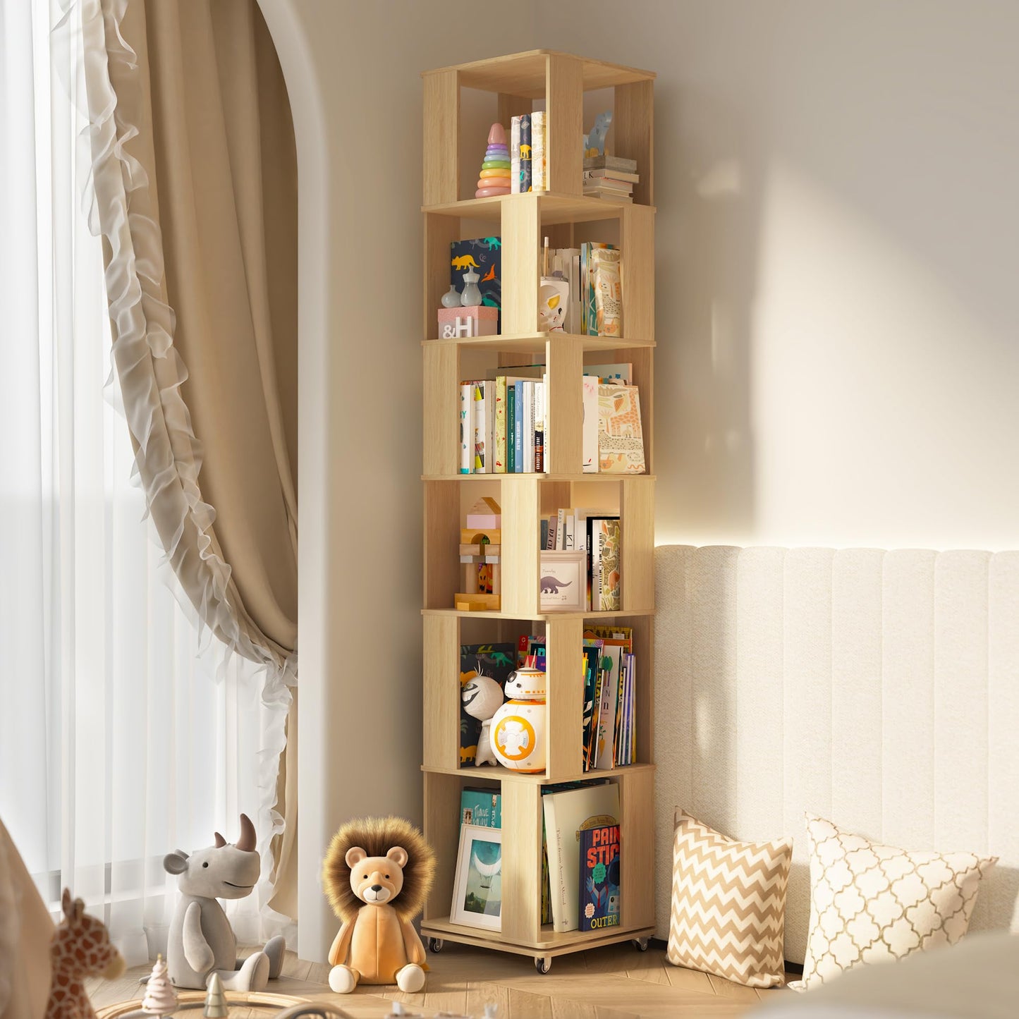 6 Tier Solid Wood Rotating Bookshelf Tower on Wheels, 360° Upgrade Spinning Book Shelf, Revolving Bookcase Organizer, Swivel Bookshelves for Small Spaces, Bedroom, Kids Room, Office (Light Wood)