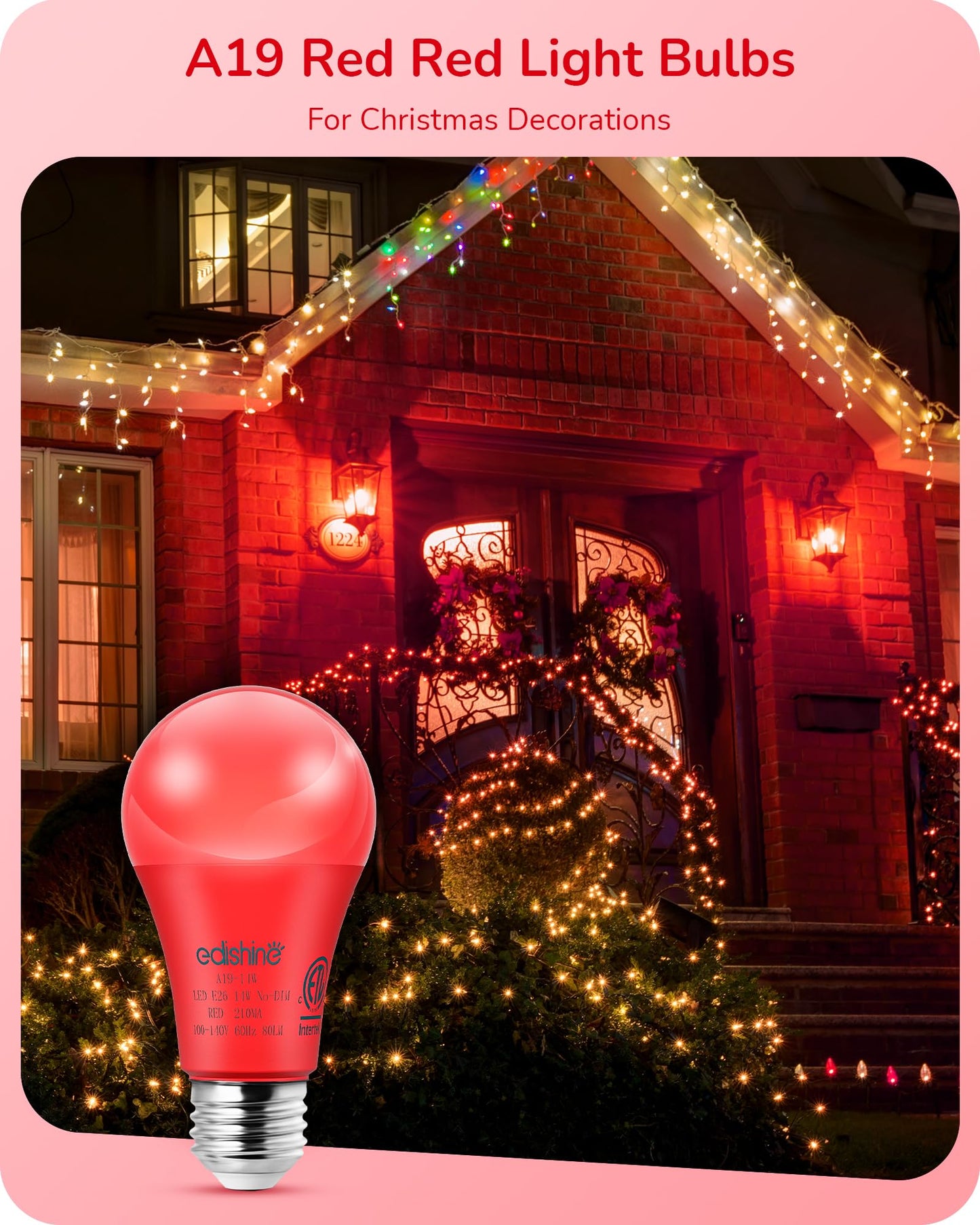 EDISHINE Red LED Light Bulbs, 100W Equivalent, E26 Base A19, 4 Pack, Plastic for Christmas Decoration