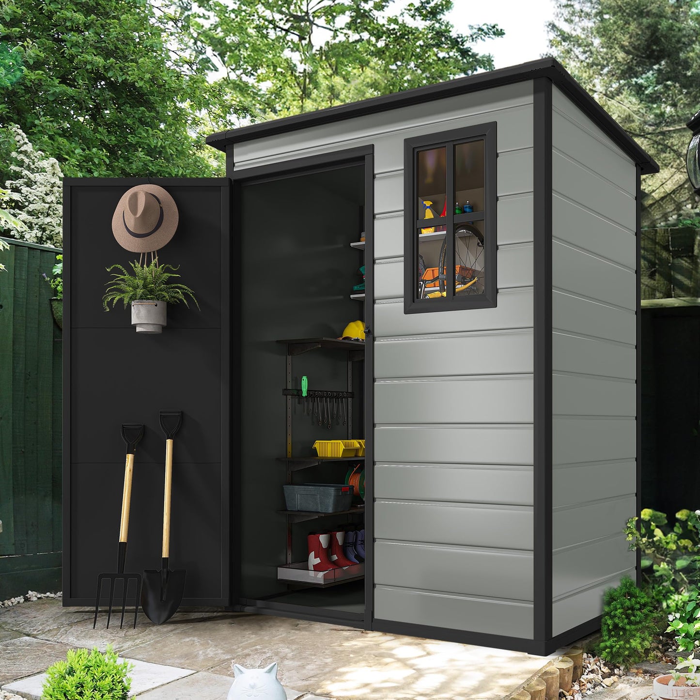 DWVO 5x3ft Resin Outdoor Storage Shed with Floor, Waterproof Lockable Storage Shed with Window, Plastic Outside Tool Storage for Garden, Backyard, Patio, Lawn,Blue-Gray+Black
