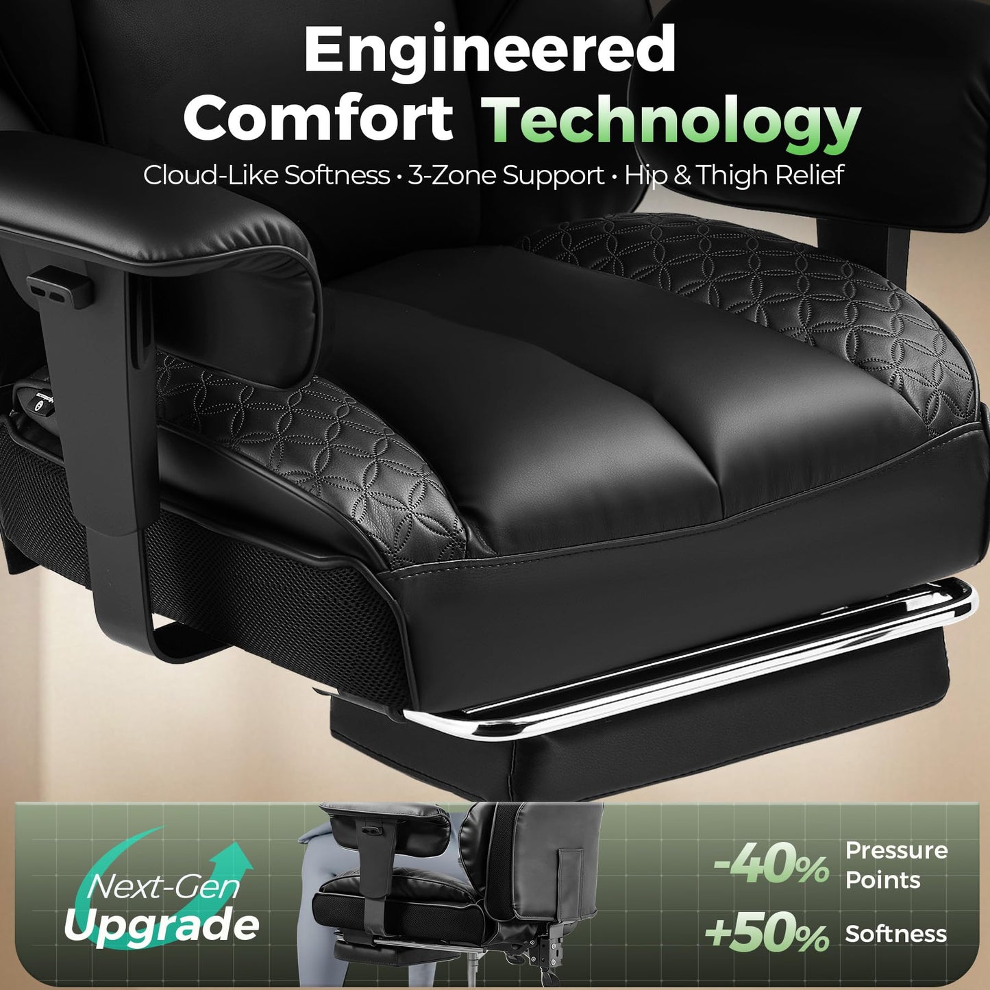 GTPOFFICE Big and Tall Office Chair 400LBS Wide Seat Computer Gaming Chair with Footrest & Comfy Lumbar Support, Leather High Back Executive Chair with Ergonomic Pressure Relief Seat Cushion, Black