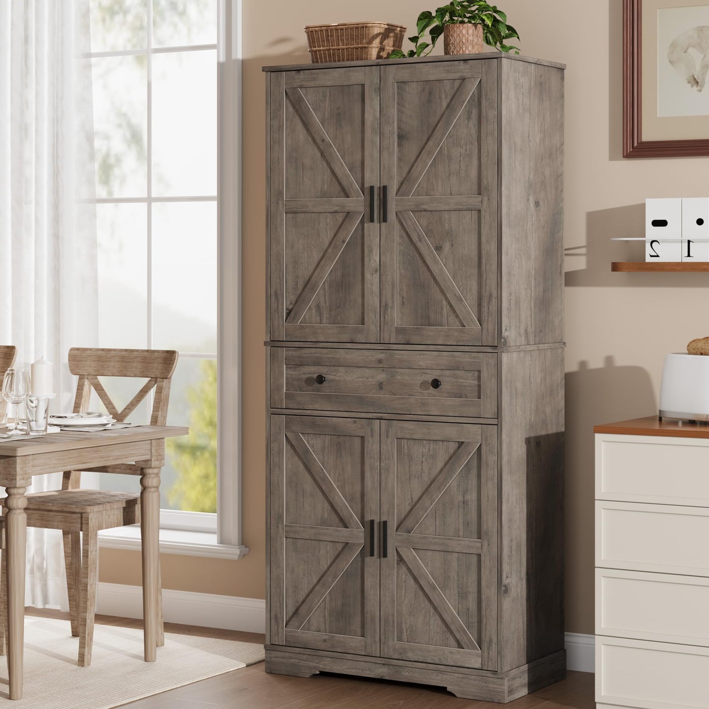 Garvee 71" Kitchen Pantry Cabinet, Barn Door Freestanding Cupboard with Drawer, Sliding Storage Rack, and 6 Hanging Shelves for Kitchen, Dining Room, Living Room Bedroom