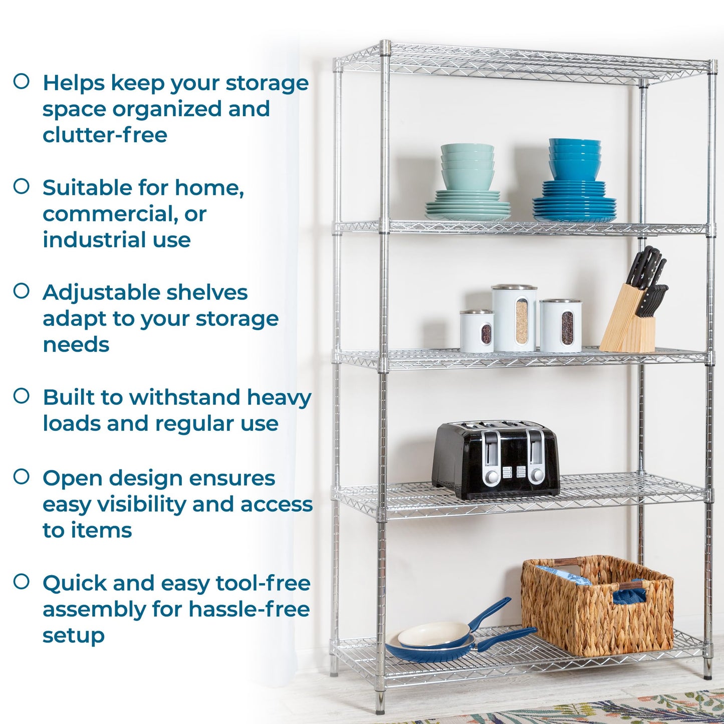 Honey-Can-Do 5-Tier Heavy-Duty Adjustable Shelves, Metal Storage Rack with 800-lb Shelf Capacity, Chrome, 18" W x 42" L x 72" H