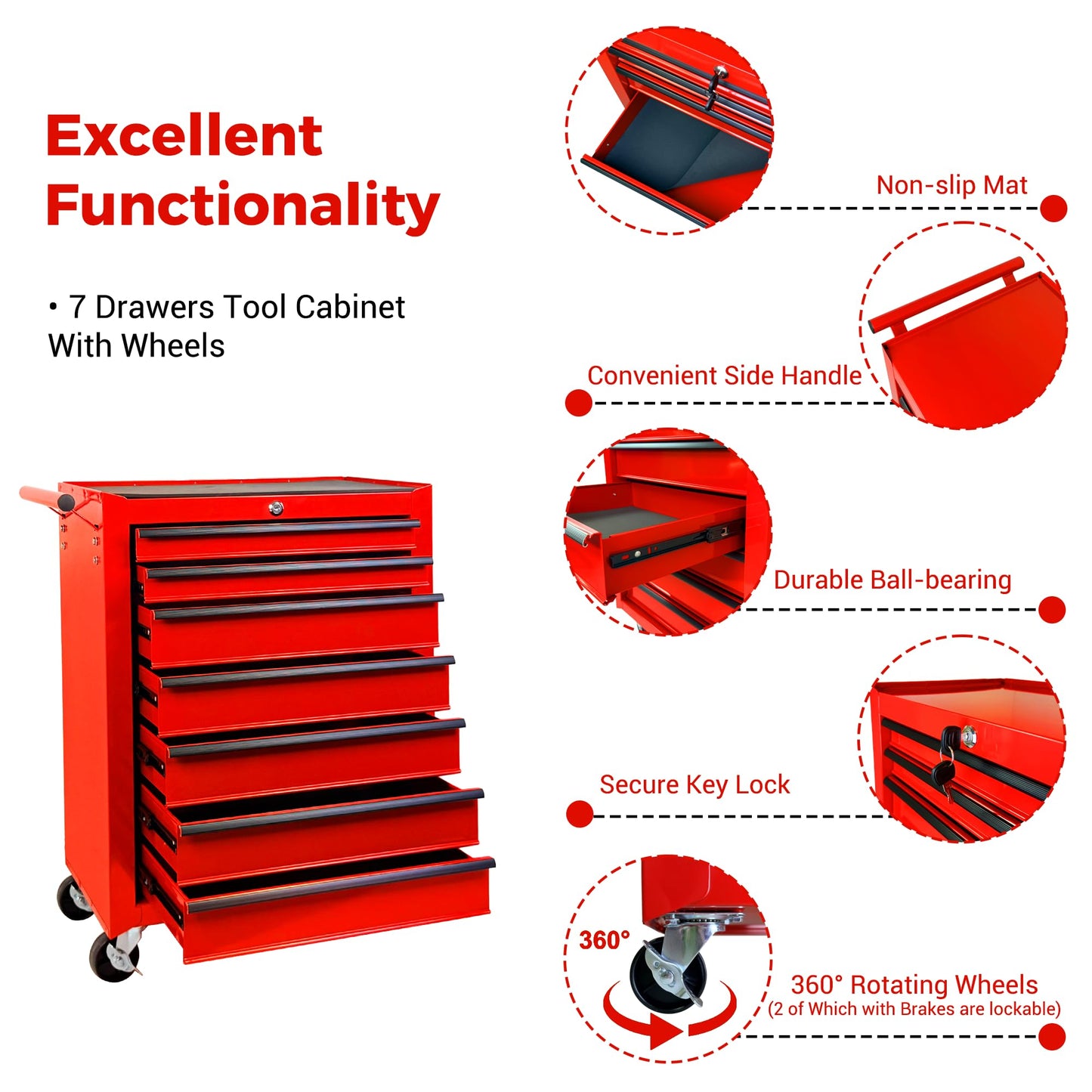 KEIKI 20 Inch Rolling Metal Tool Chest with 7 Drawers, Heavy Duty Steel Tool Cabinet on Wheels, Ball Bearing Slides Lockable Storage Cart Organizer for Garage Workshop Mechanic Repair, Red