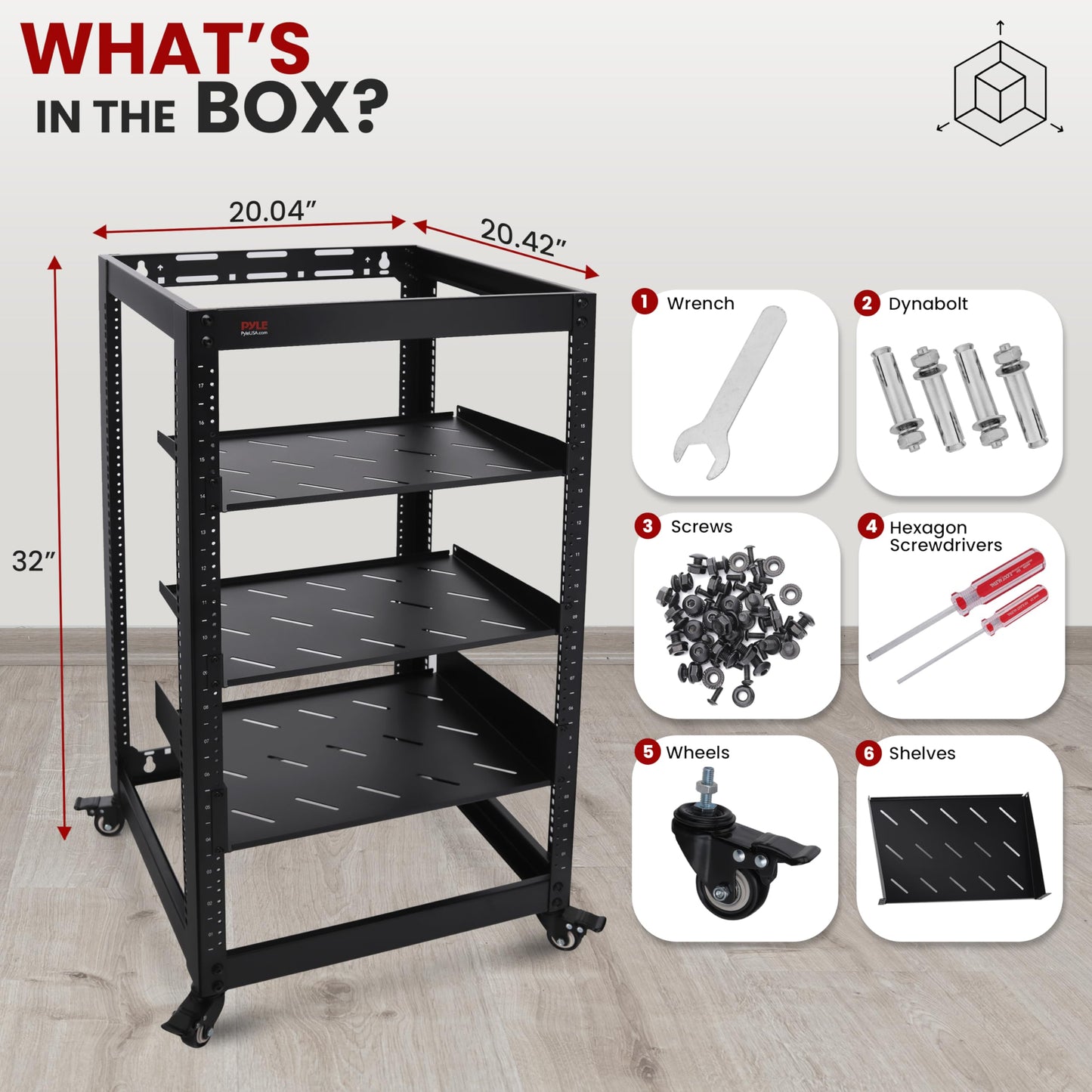 Pyle 20U Open Frame Server Rack - Wall Mount Network Rack for Servers, Networking & AV Gear - Heavy-Duty 19" Equipment, Includes 1U & 2U Vented Shelves for Airflow, Lockable Wheels - 440 lbs Capacity
