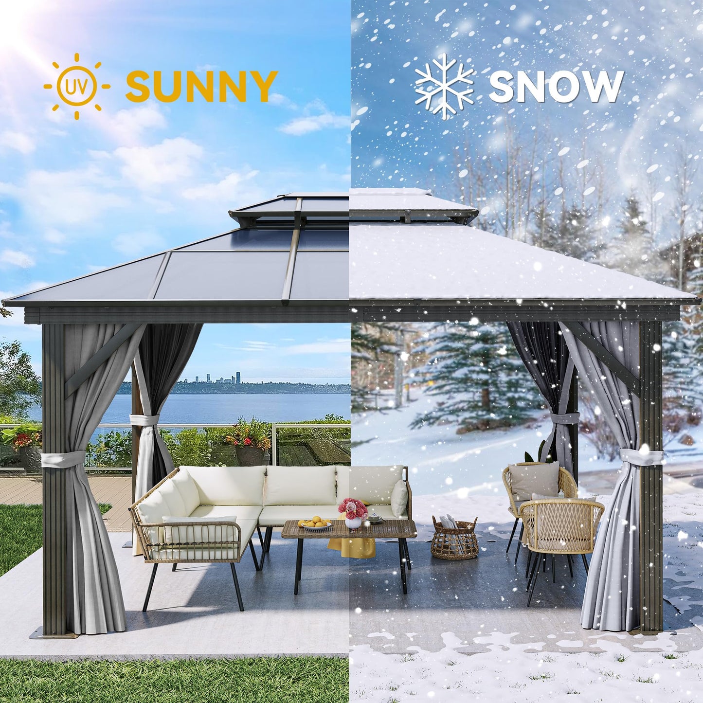 YITAHOME 10X12FT Polycarbonate Gazebo Outdoor Patio Double Top Canopy Galvanized Iron Metal Column Garden Tent Curtains Netting for Backyards Decks Lawns,Gray