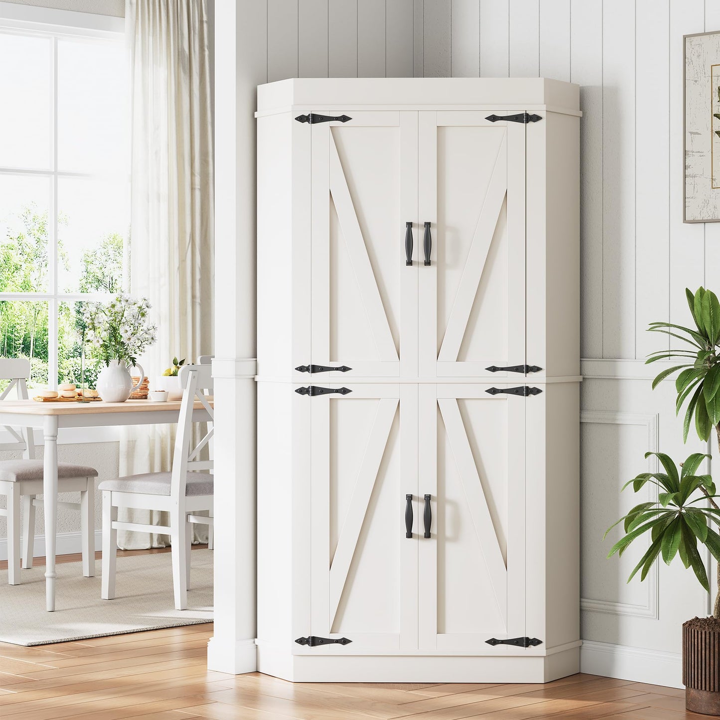 Corner Cabinet,71'' Kitchen Pantry Storage Cabinet with 4 Doors and Shelves, Tall Food Pantry Storage Cabinet Farmhouse Furniture for Kitchen Dining Room, White