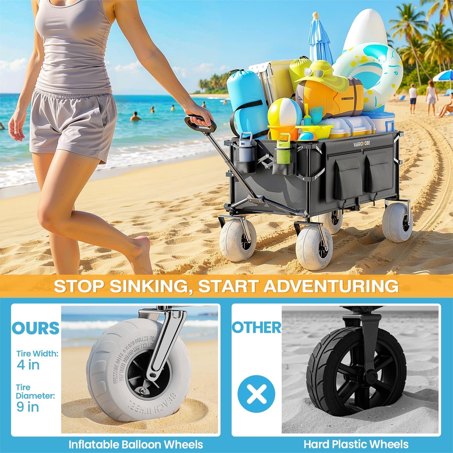 VARRONOBE Beach Wagon with Big Balloon Wheels for Sand, 240L Collapsible Wagon, 9x4 Wide Wheels, 450lbs Heavy Duty Beach Cart with Side Covers & Zipper Pockets, 600D Oxford Fabric, Black