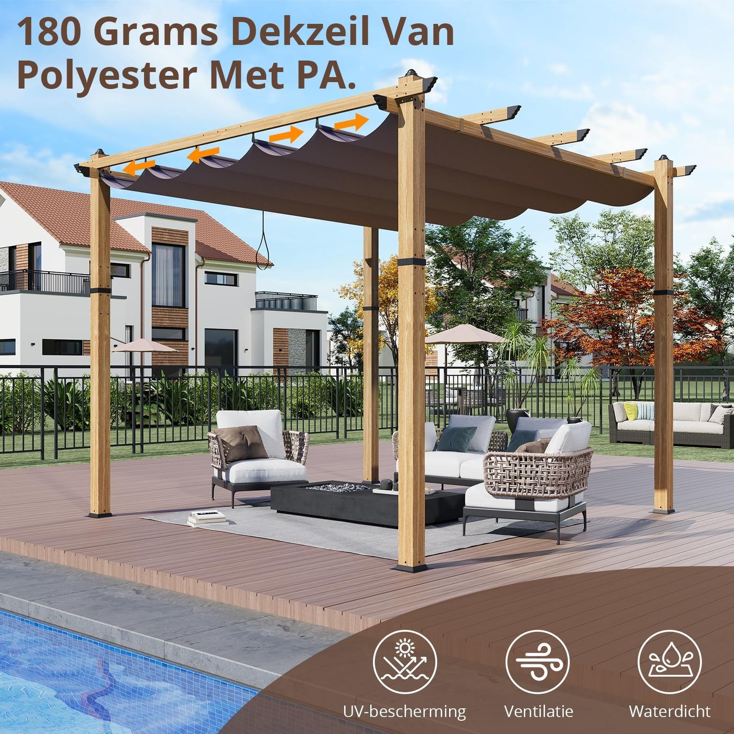 Modern 10x10FT Aluminum Pergola Outdoor Pergola Gazebo, Retractable Sun Shade, Faux Woodgrain, Pergolas for Patios, Deck, Garden, Easy Setup, All-Weather Trellis,Khaki, Imitation Wood Grain Column