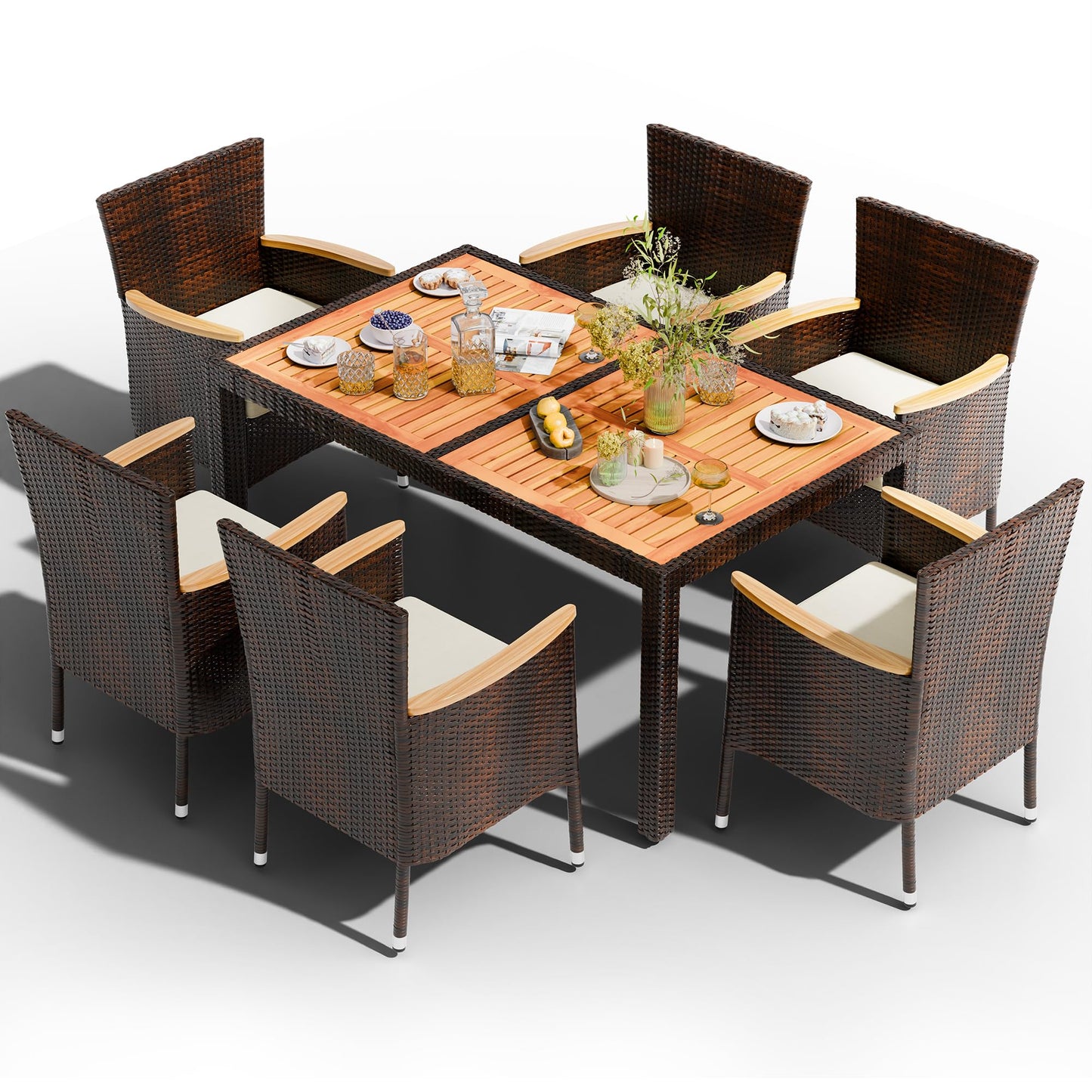 Shintenchi 7 PCS Patio Dining Set, Wicker Patio Conversation Set with Wooden Table Top, Outdoor Table and Chairs with Soft Cushions for Backyard, Deck and Garden, Brown Wicker