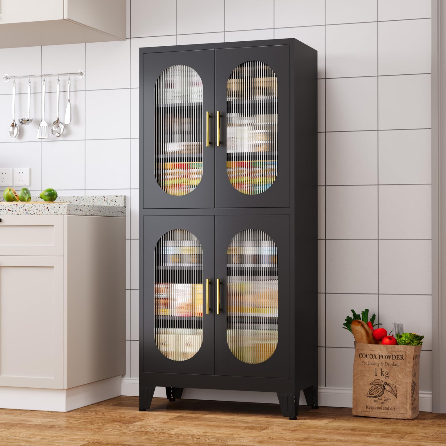 GAIOUS 63" Tall Steel Corner Cabinet, Metal Storage Cabinets with 4 Doors and 3 Shelves, Pantry Cabinets with 6 Door Panel Shelves, Farmhouse Cupboard for Kitchen Dining Room Hallways, Black