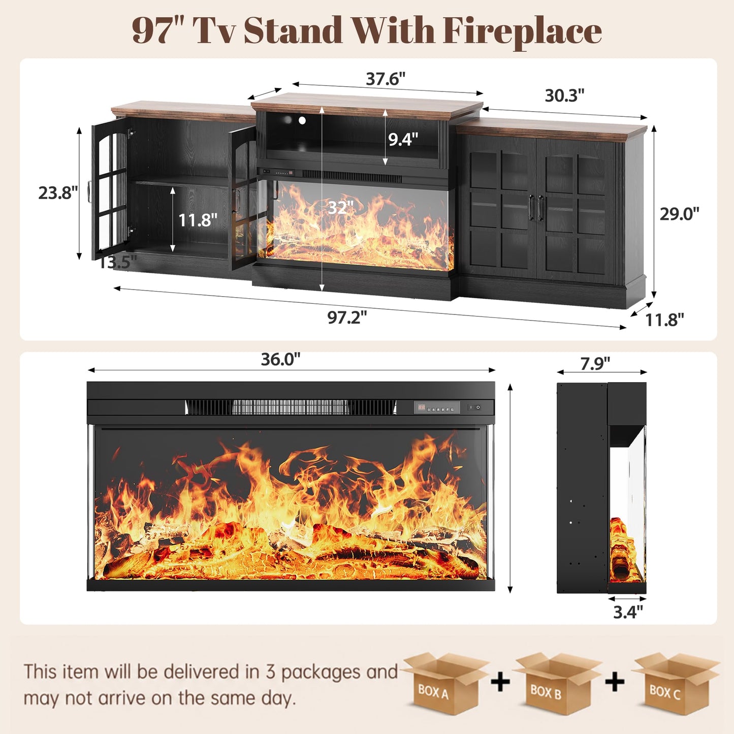 97" Farmhouse Fireplace TV Stand for TVs Up to 100", Entertainment Center with 36" 3-Sided Glass Electric Fireplace, 12 Flame Colors & LED Light Modes, Media Console for Living Room, Black