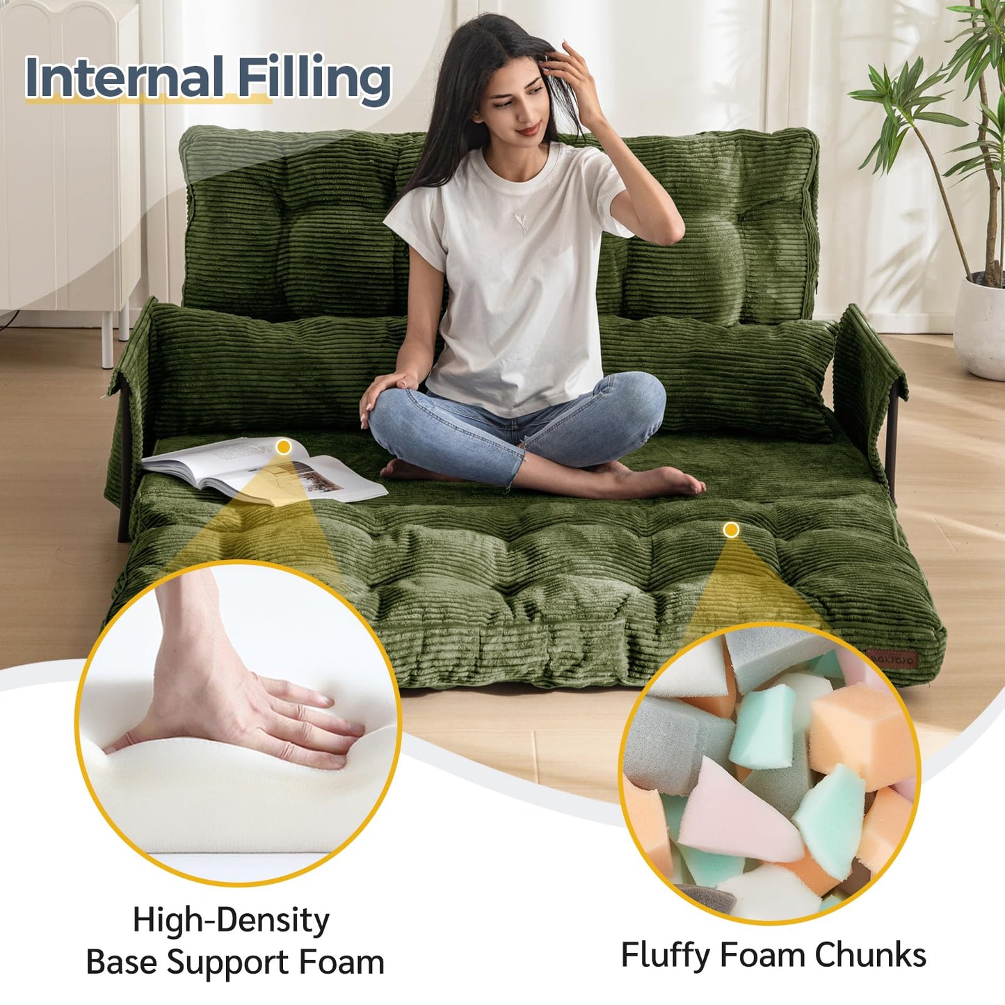 MAXYOYO Adjustable Floor Sofa Couch with 2 Pillows, Multi-Functional Bean Bag Bed, 5-Position Foldable Lazy Sofa Bed with Armrest, Versatile Floor Seating for Reading, Dark Green, Double
