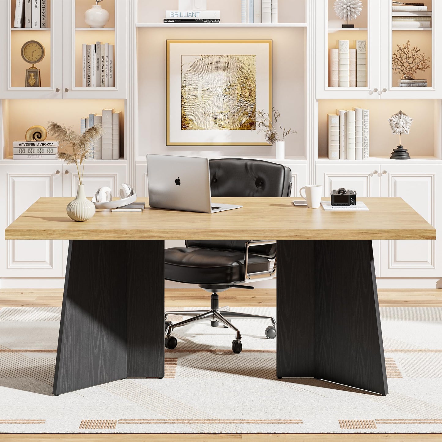 GarveeHome Dining Table for 6-8 People - 63" Modern Long Kitchen Table with Large Tabletop & Heavy Duty Pedestal Legs, Dinner Table for Kitchen, Conference Room, Home, Natural & Black