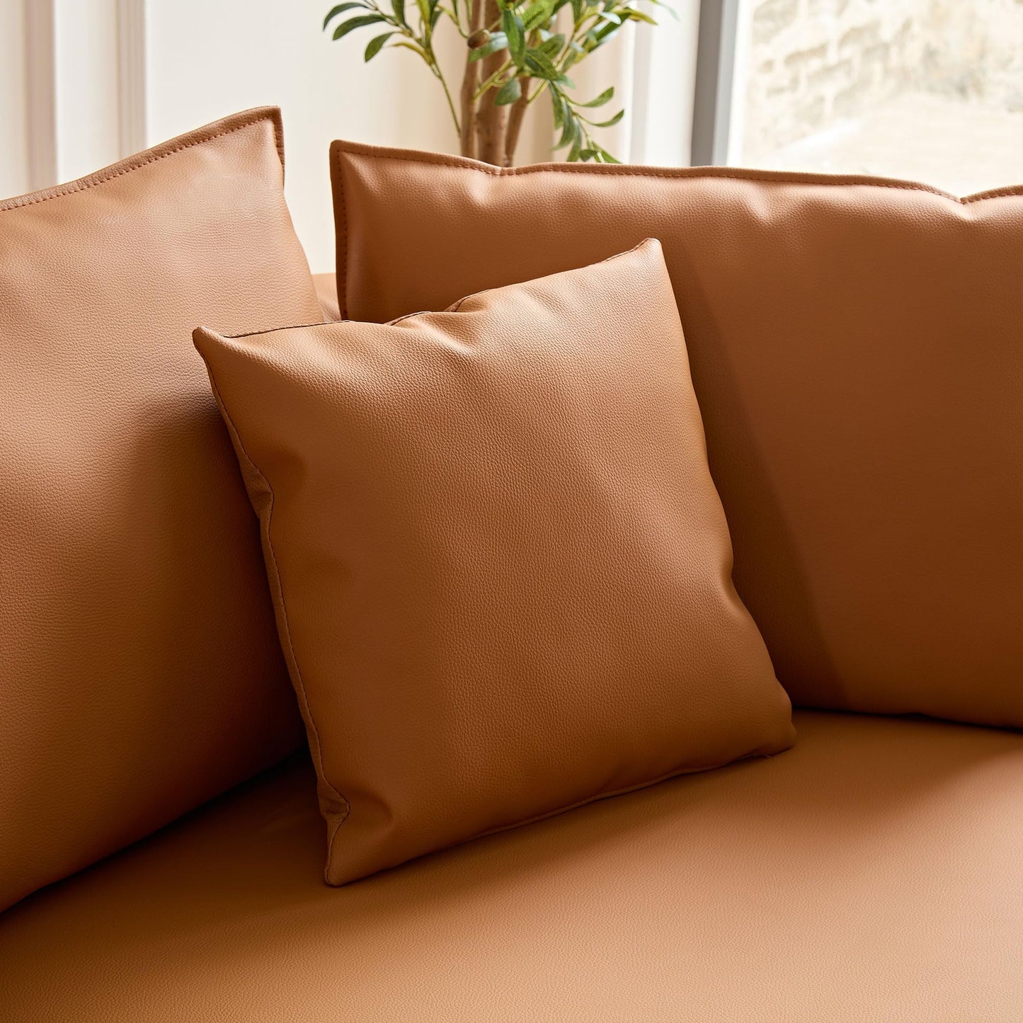 KEIKI 129" Curved Oversized Modular Bonded Leather Sectional Sofa with Right Chaise, 4 Pillows, 3 Back Cushion, Modern Comfy 5-Seater Couch, Easy Assembly, for Apartment, Living Room, Orange