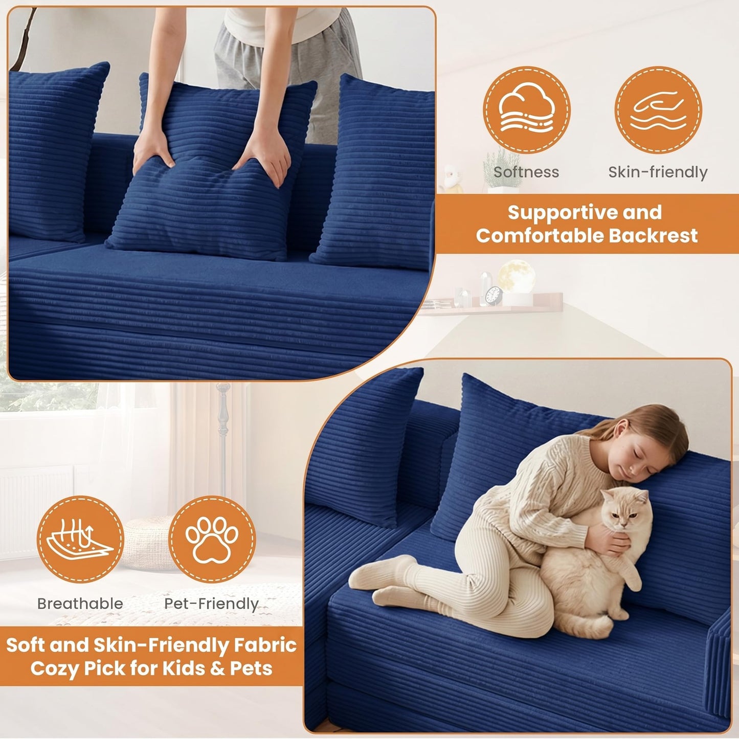 65" Modular Sectional Sofa, Boneless Convertible Sleeper Sofa Bed, Modern Tri-Folding Cloud Couch with L-Shape Chaise, Corduroy Futon Couches for Living Room Small Spaces Apartment,No Assembly,Blue