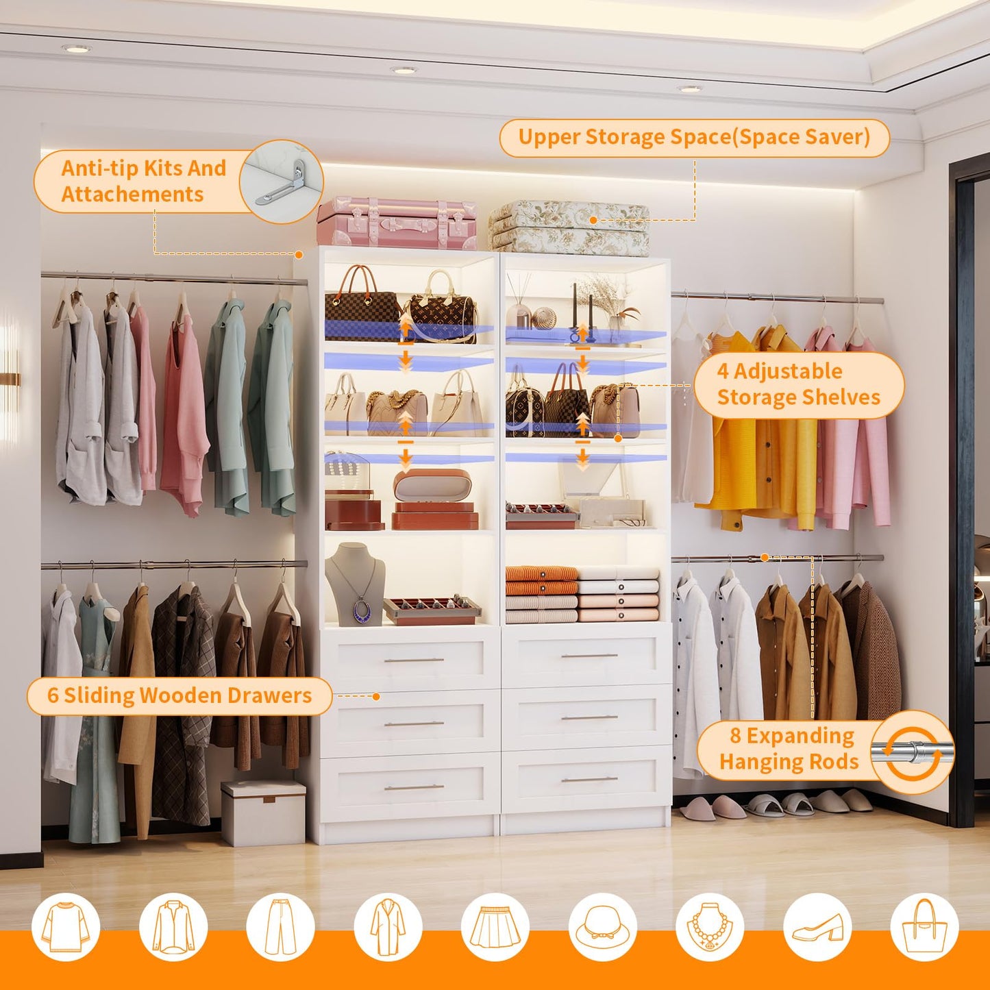 Secilix Closet System with 6 Drawers, 6FT-15FT Wooden Closet Organizer System with 8 Expandable Hanging Rods and Shelves, Closet Shelving System for Walk in Closet for Bedroom,Wall Mount, White 2 Sets