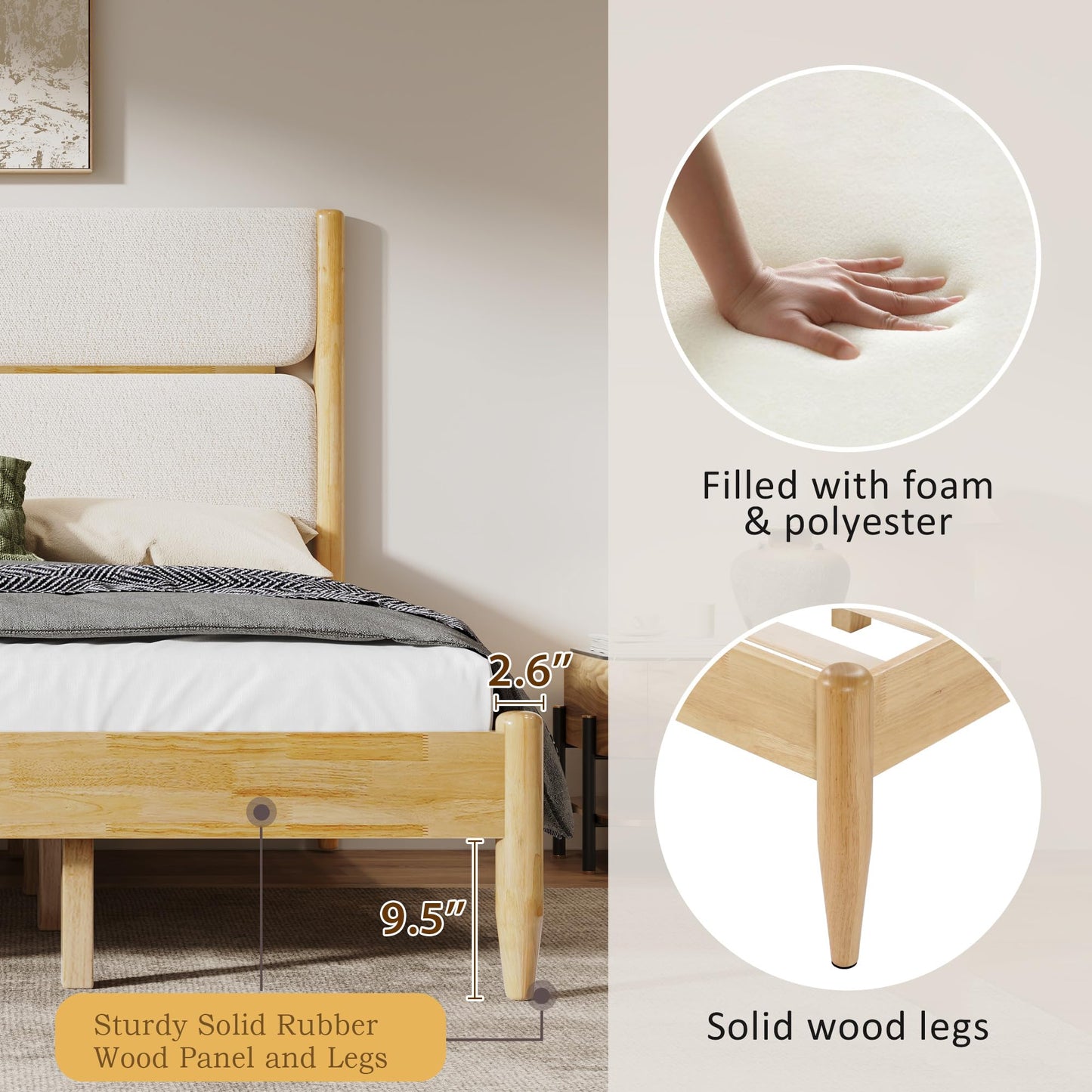 Merax Solid Wood Bed Frame King Size with Fleece Sponge Upholstered Headboard, Solid Rubber Wood Frame, Elegant King Platform Bed, Ample Underbed Storage Space, Bear 800lbs, Ivory